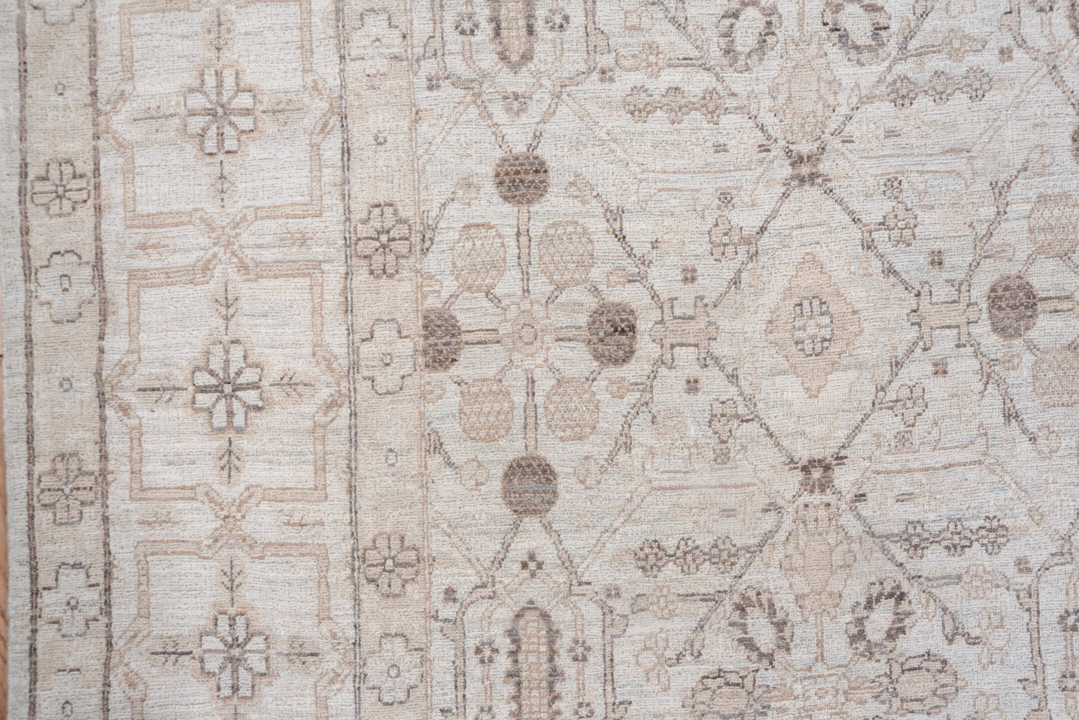 5' x 9' one-of-a-kind handmade vintage Afghan medium size rug. Color palette: ivory, taupe, beige, sand, camel, light brown