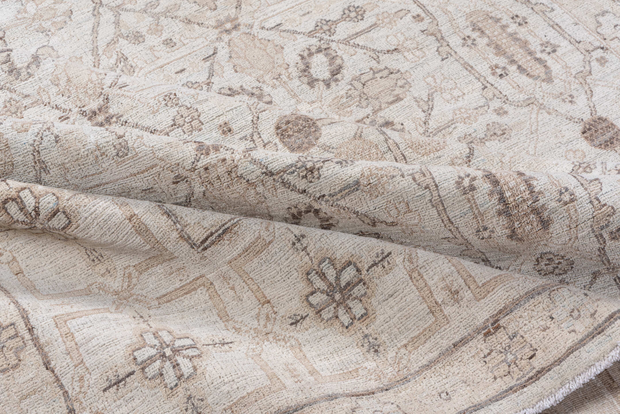 5' x 9' one-of-a-kind handmade vintage Afghan medium size rug. Color palette: ivory, taupe, beige, sand, camel, light brown