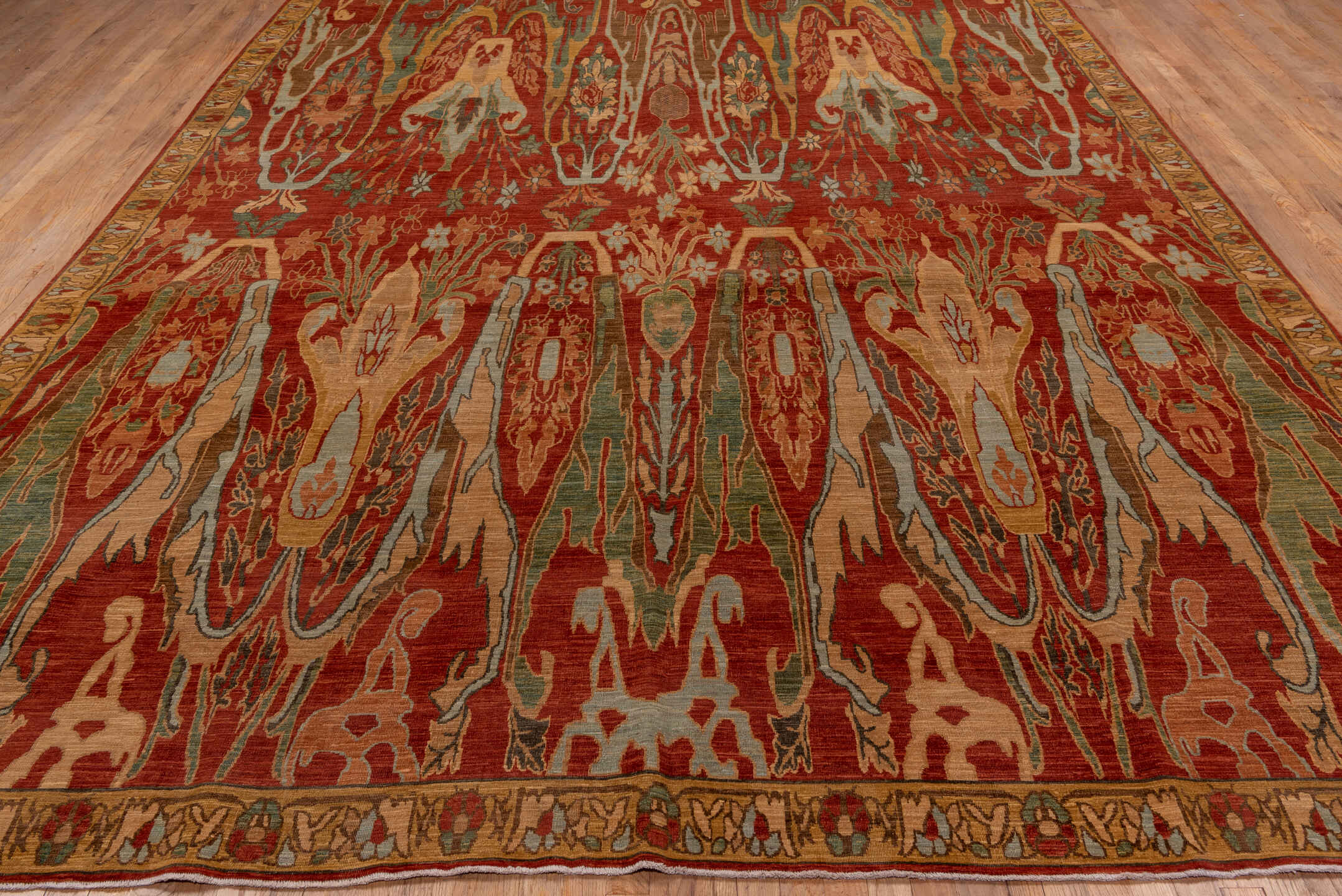 9' x 13' one-of-a-kind handmade vintage Afghan large size rug. Color palette: rust, camel, ivory, sage, terra cotta, taupe