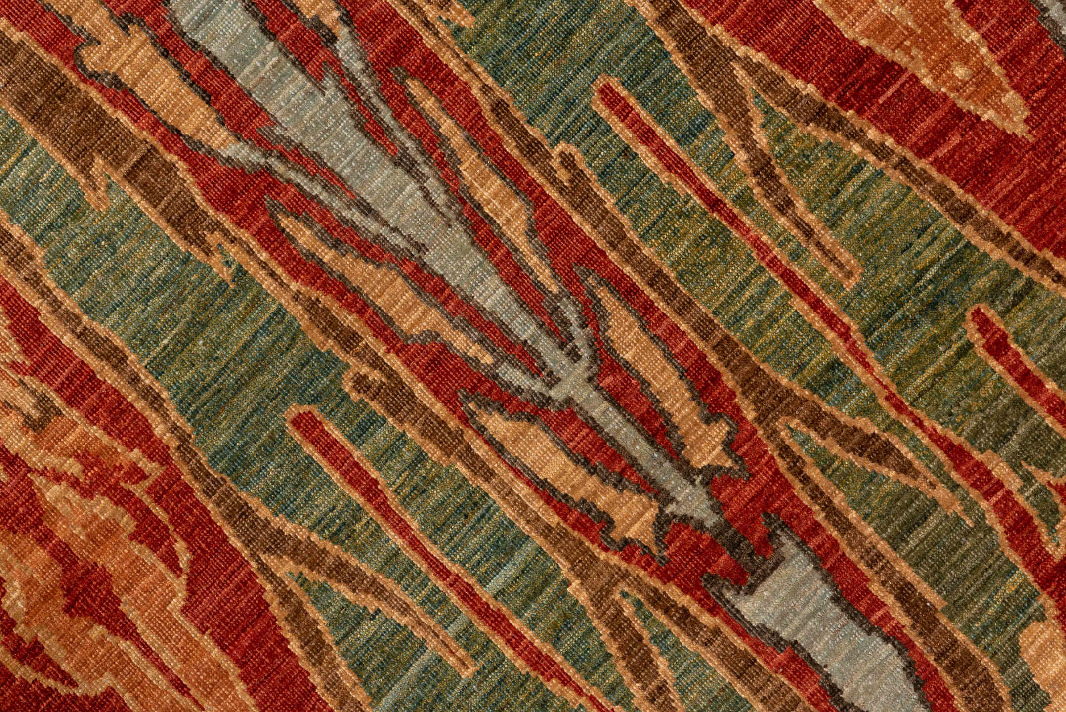 9' x 13' one-of-a-kind handmade vintage Afghan large size rug. Color palette: rust, camel, ivory, sage, terra cotta, taupe