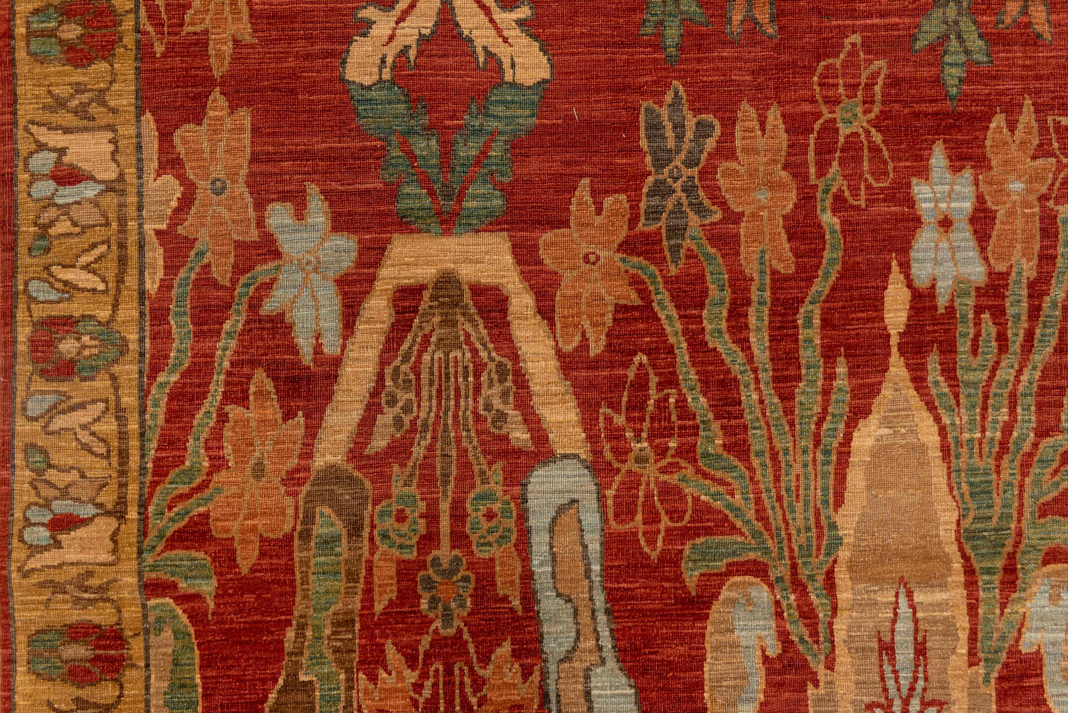 9' x 13' one-of-a-kind handmade vintage Afghan large size rug. Color palette: rust, camel, ivory, sage, terra cotta, taupe