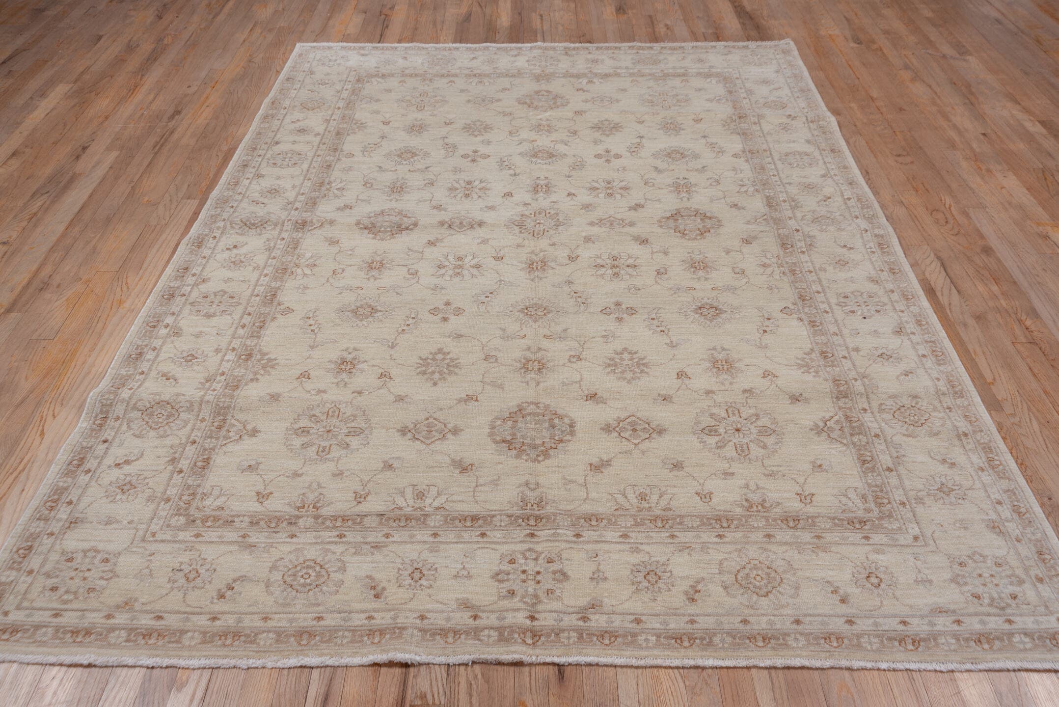 6' x 9' one-of-a-kind handmade vintage Afghan medium size rug. Color palette: ivory, beige, taupe, camel, sand, light brown