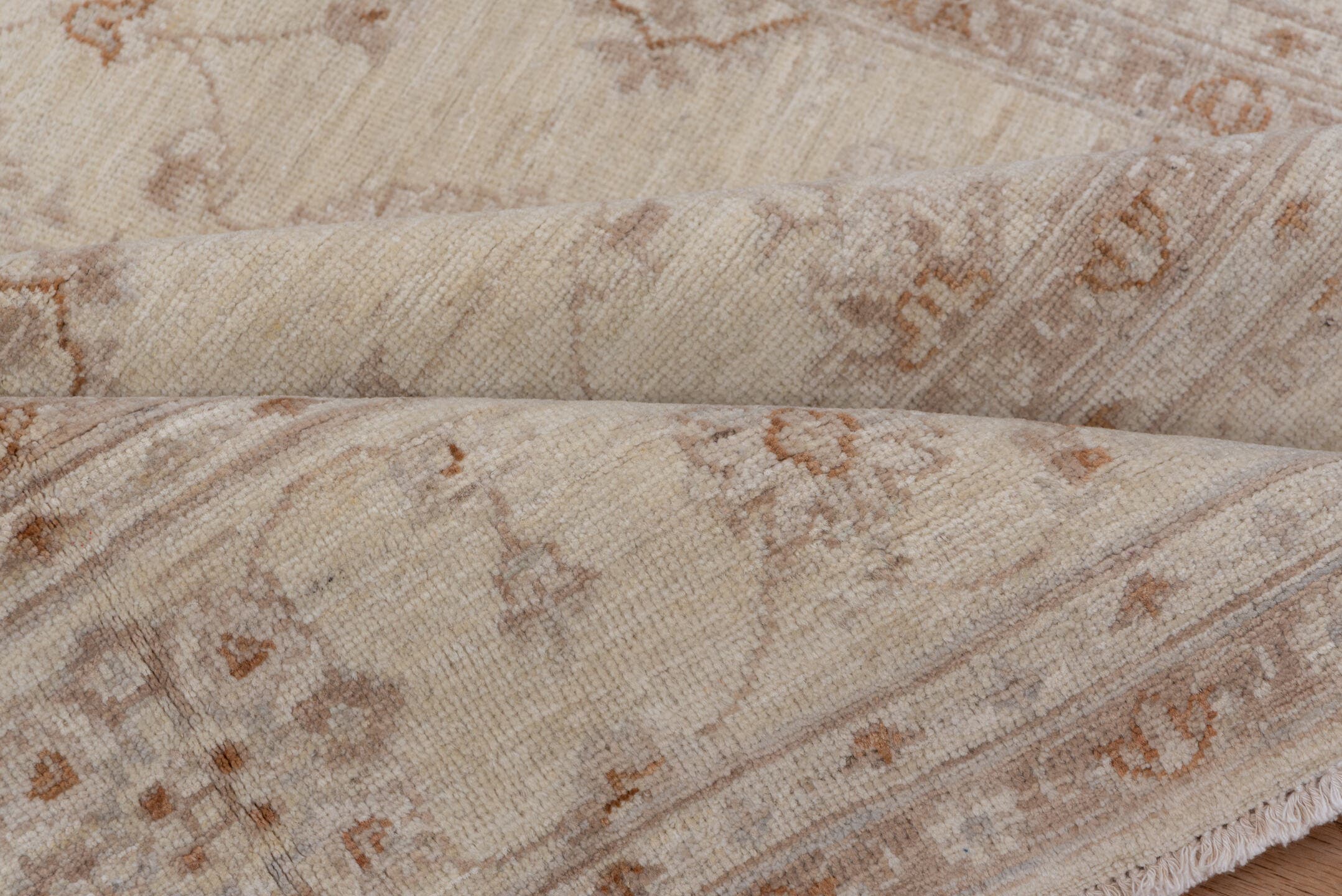 6' x 9' one-of-a-kind handmade vintage Afghan medium size rug. Color palette: ivory, beige, taupe, camel, sand, light brown