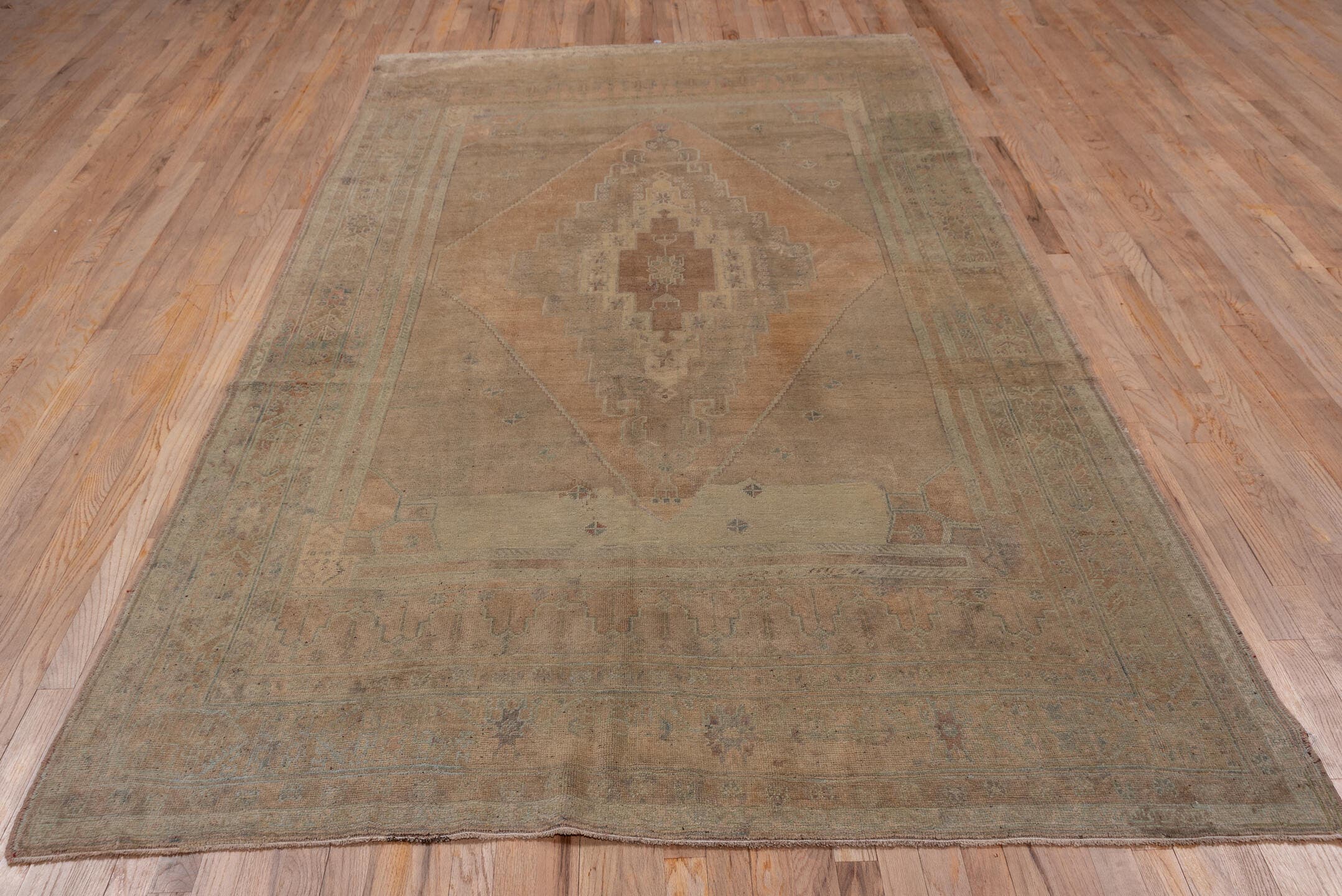 6' x 10' one-of-a-kind handmade vintage Oushak large size rug. Color palette: taupe, beige, blush, sage, ivory, dusty rose