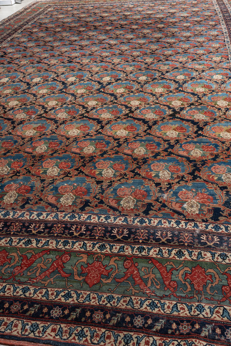 13' x 21' one-of-a-kind handmade vintage Bidjar oversize rug. Color palette: navy, sky blue, rust, ivory, sage, camel, blue