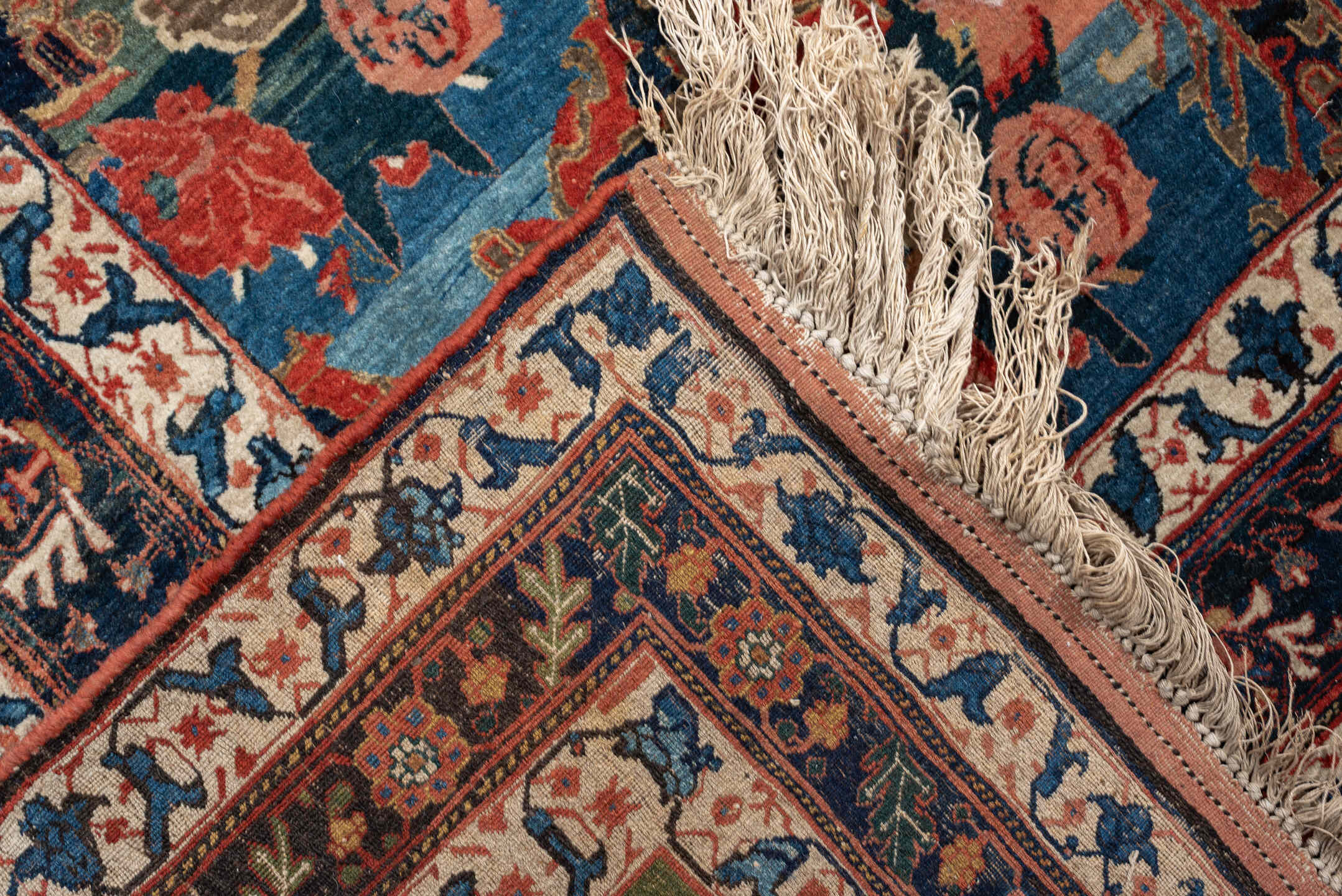 13' x 21' one-of-a-kind handmade vintage Bidjar oversize rug. Color palette: navy, sky blue, rust, ivory, sage, camel, blue
