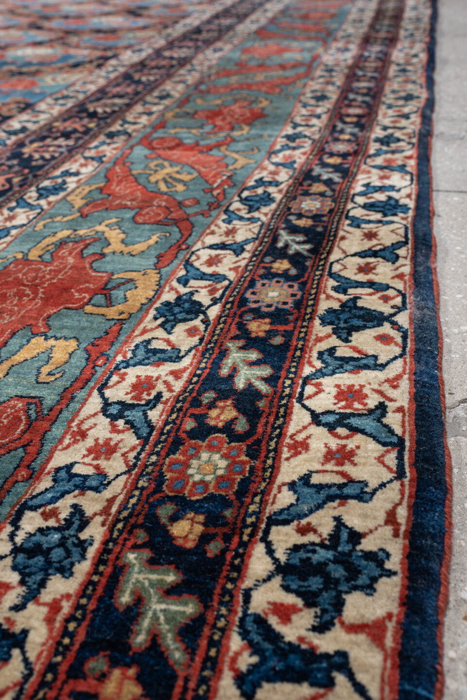 13' x 21' one-of-a-kind handmade vintage Bidjar oversize rug. Color palette: navy, sky blue, rust, ivory, sage, camel, blue