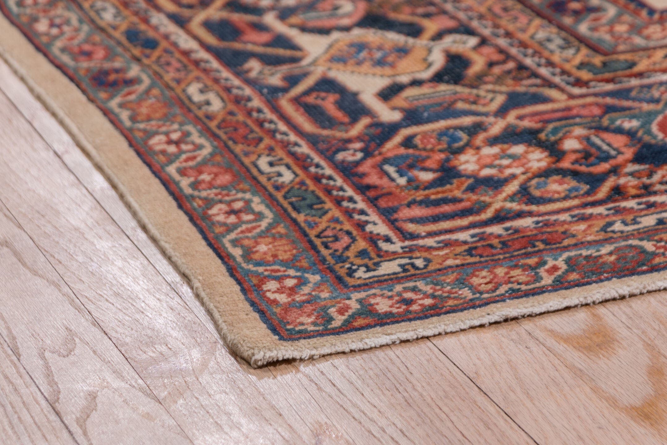10' x 13' one-of-a-kind handmade antique Sultanabad large size rug. Color palette: ivory, navy, rust, soft blue, camel
