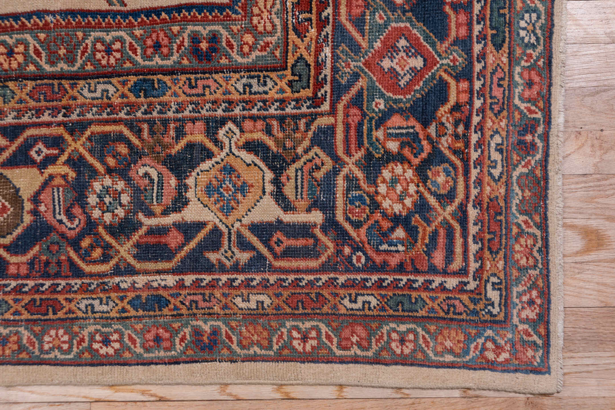 10' x 13' one-of-a-kind handmade antique Sultanabad large size rug. Color palette: ivory, navy, rust, soft blue, camel