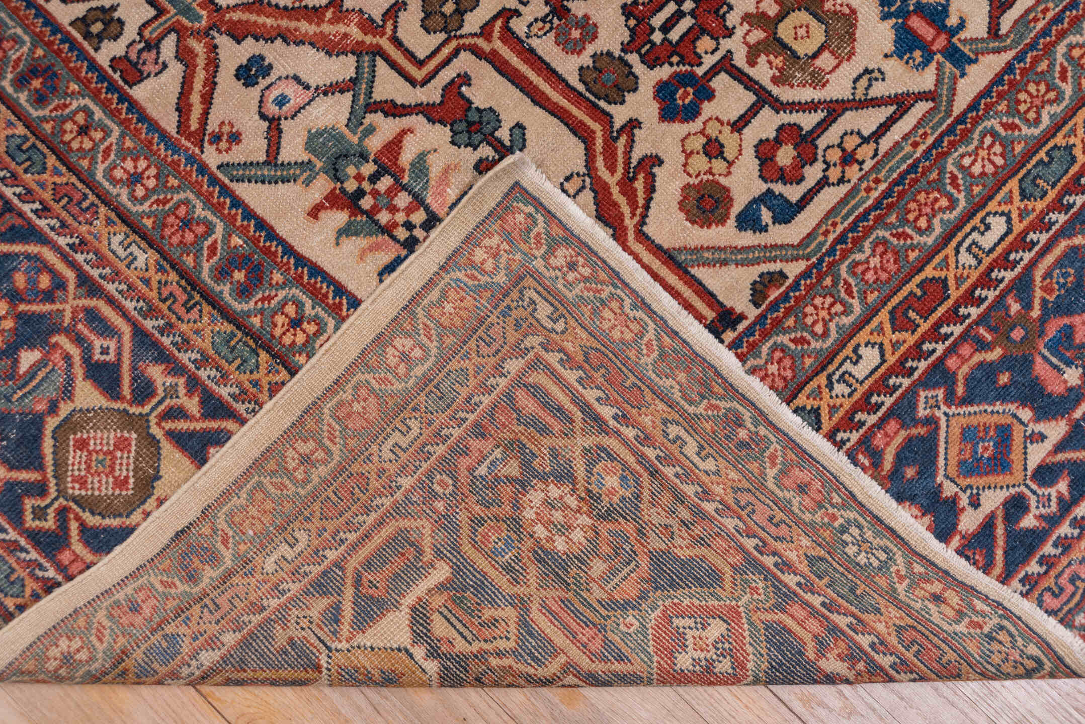10' x 13' one-of-a-kind handmade antique Sultanabad large size rug. Color palette: ivory, navy, rust, soft blue, camel