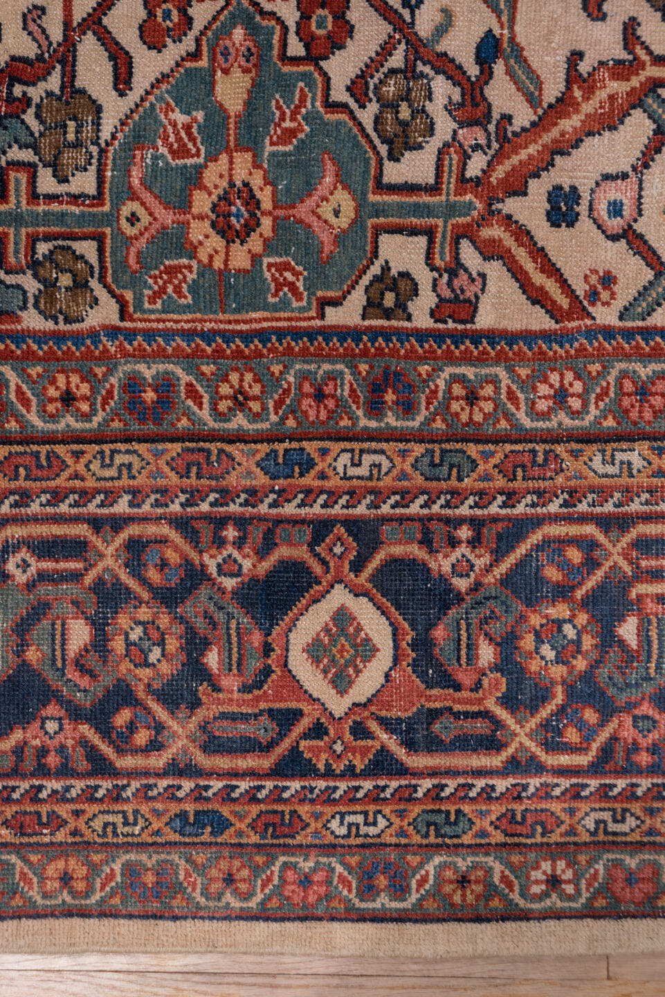 10' x 13' one-of-a-kind handmade antique Sultanabad large size rug. Color palette: ivory, navy, rust, soft blue, camel