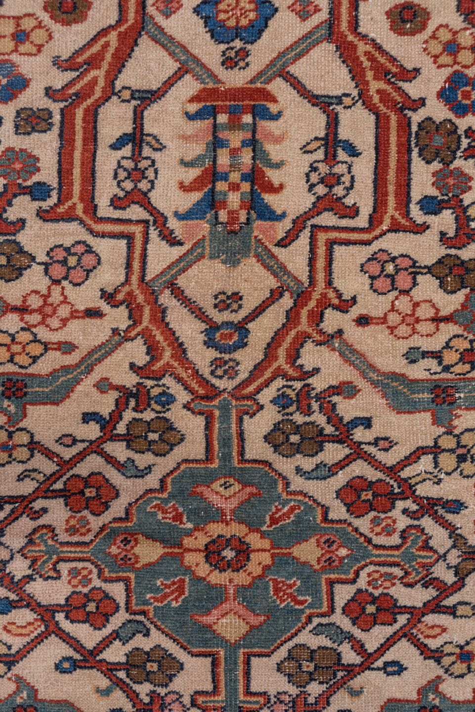10' x 13' one-of-a-kind handmade antique Sultanabad large size rug. Color palette: ivory, navy, rust, soft blue, camel
