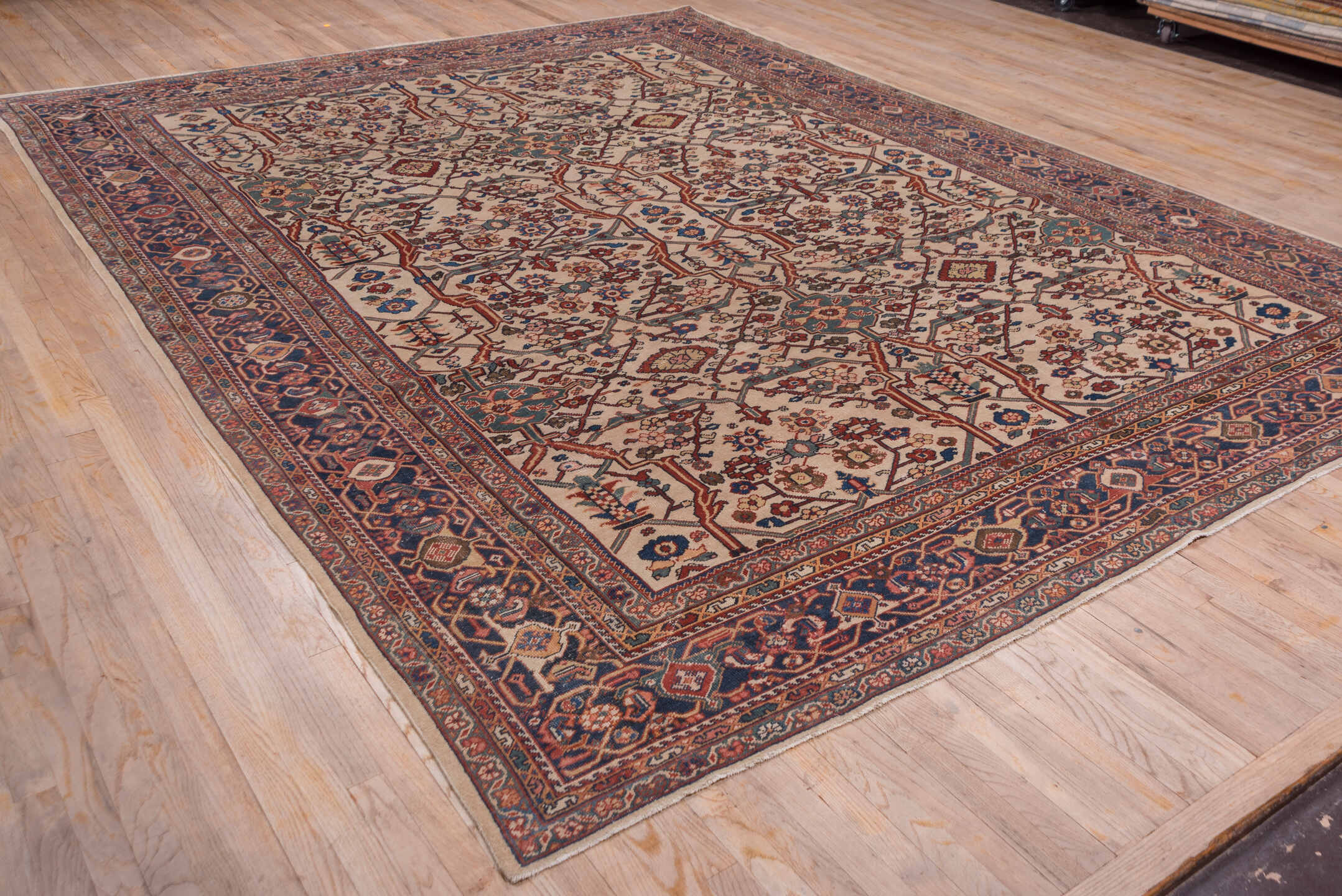 10' x 13' one-of-a-kind handmade vintage Sultanabad large size rug. Color palette: blue, brown, gray, light gray, off-white