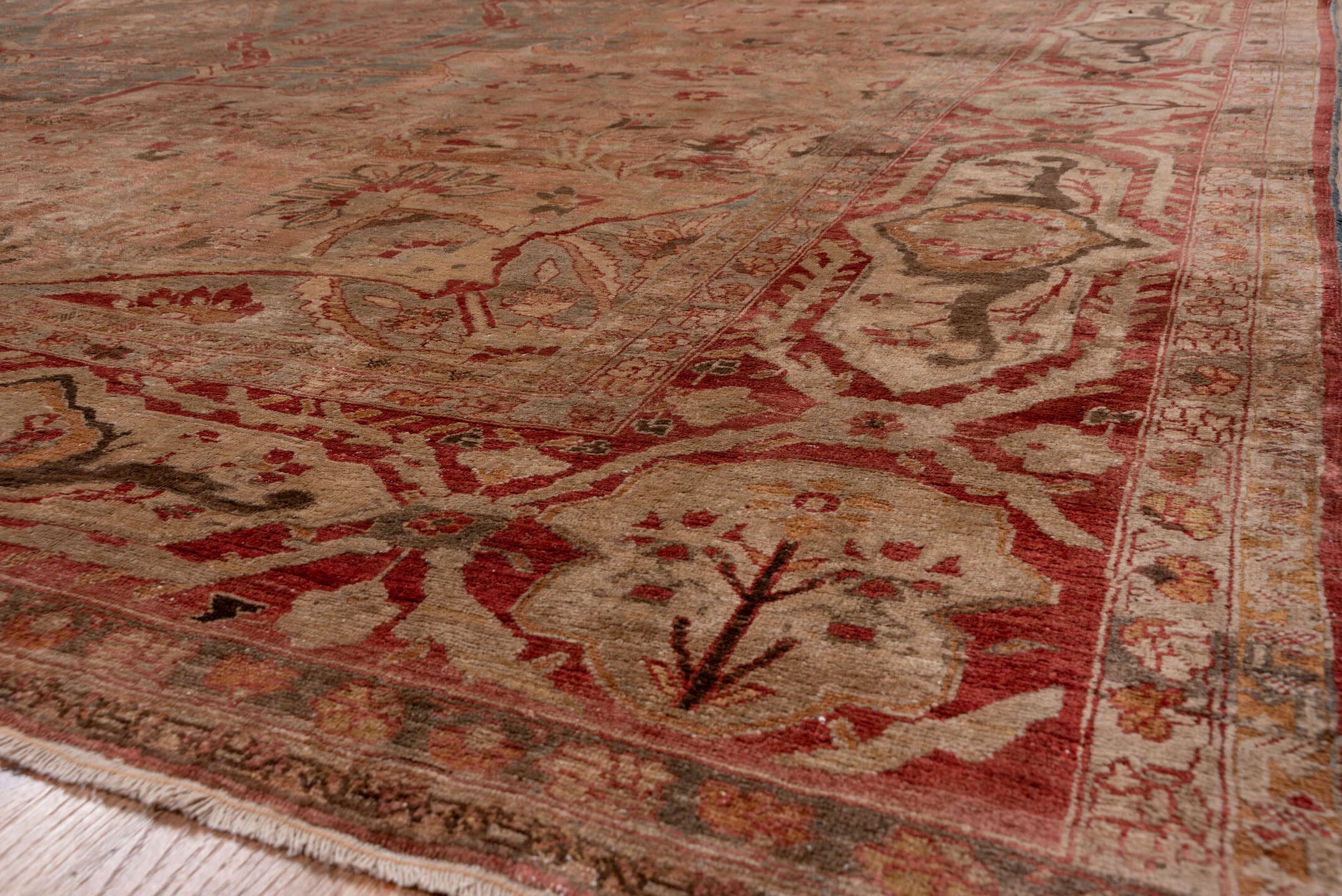 16' x 21' one-of-a-kind handmade vintage Baktiary oversize rug. Color palette: rose, rust, ivory, blue, terra cotta, taupe