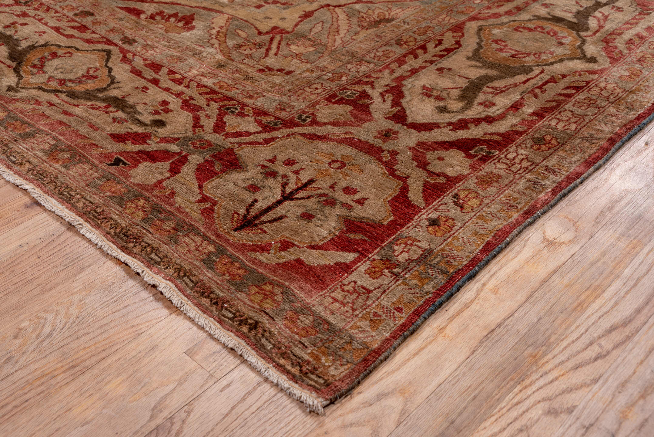 16' x 21' one-of-a-kind handmade vintage Baktiary oversize rug. Color palette: rose, rust, ivory, blue, terra cotta, taupe