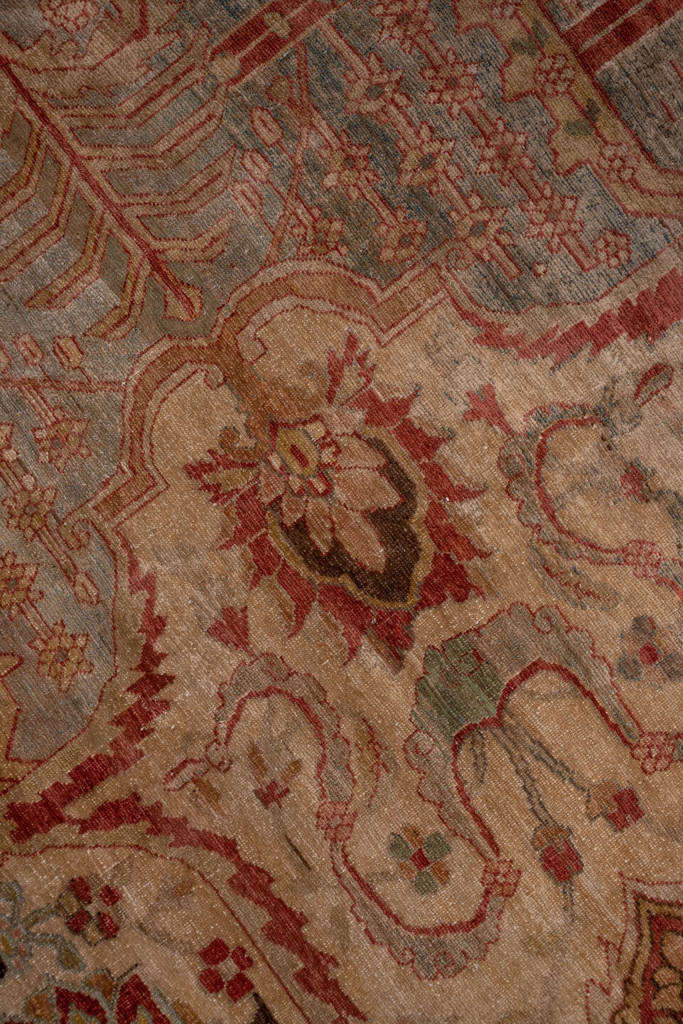 16' x 21' one-of-a-kind handmade vintage Baktiary oversize rug. Color palette: rose, rust, ivory, blue, terra cotta, taupe