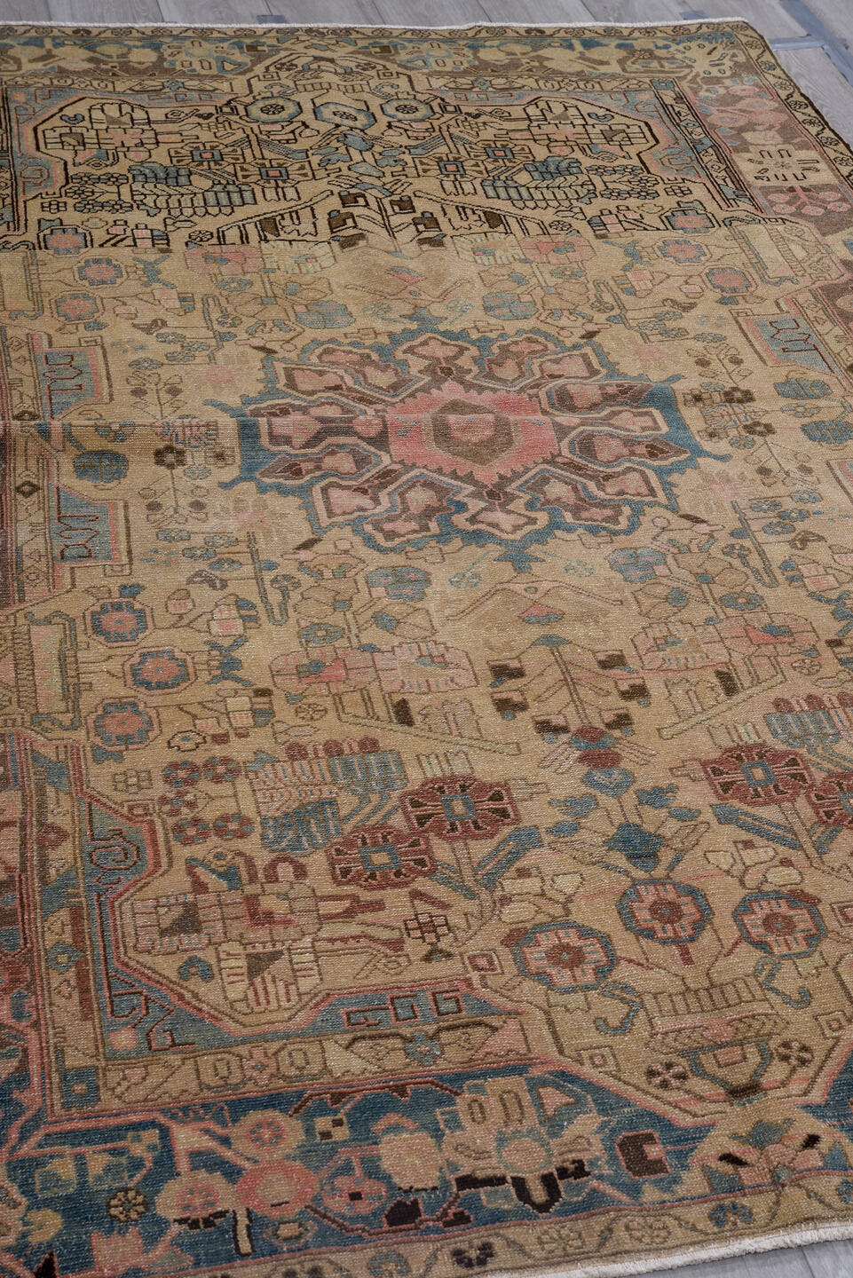 5' x 8' one-of-a-kind handmade vintage Hamadan medium size rug. Color palette: ivory, sky blue, brown, rose, taupe, charcoal