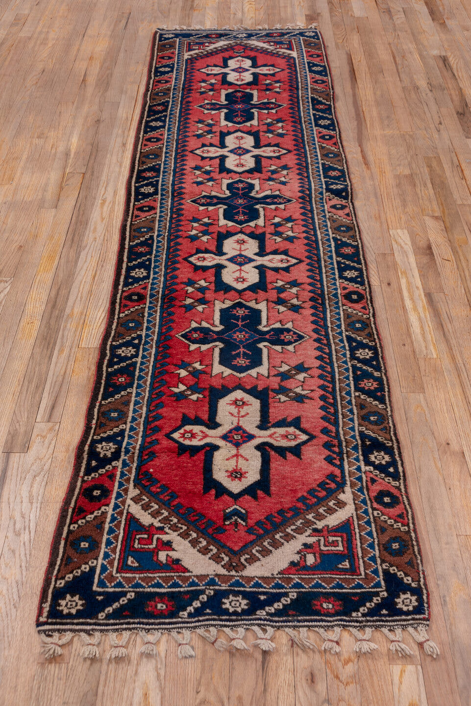 2' x 9' one-of-a-kind handmade vintage Oushak runner rug. Color palette: rose, navy, ivory, rust, brown, slate, pink, red