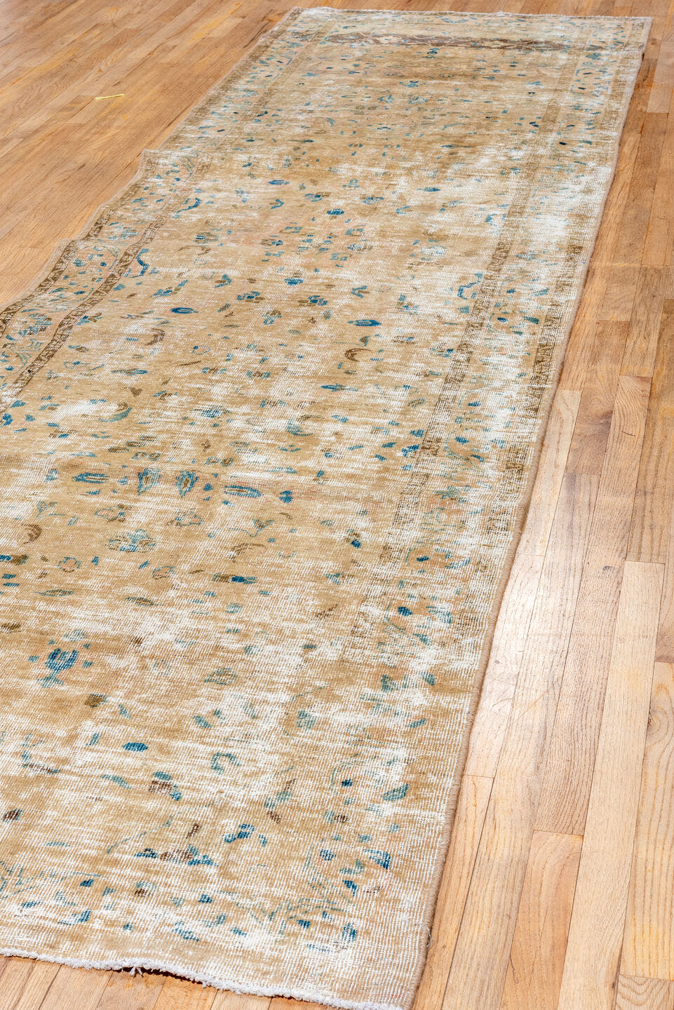 3' x 13' one-of-a-kind handmade vintage Tabriz runner rug. Color palette: tan, ivory, turquoise, taupe, brown, beige, teal