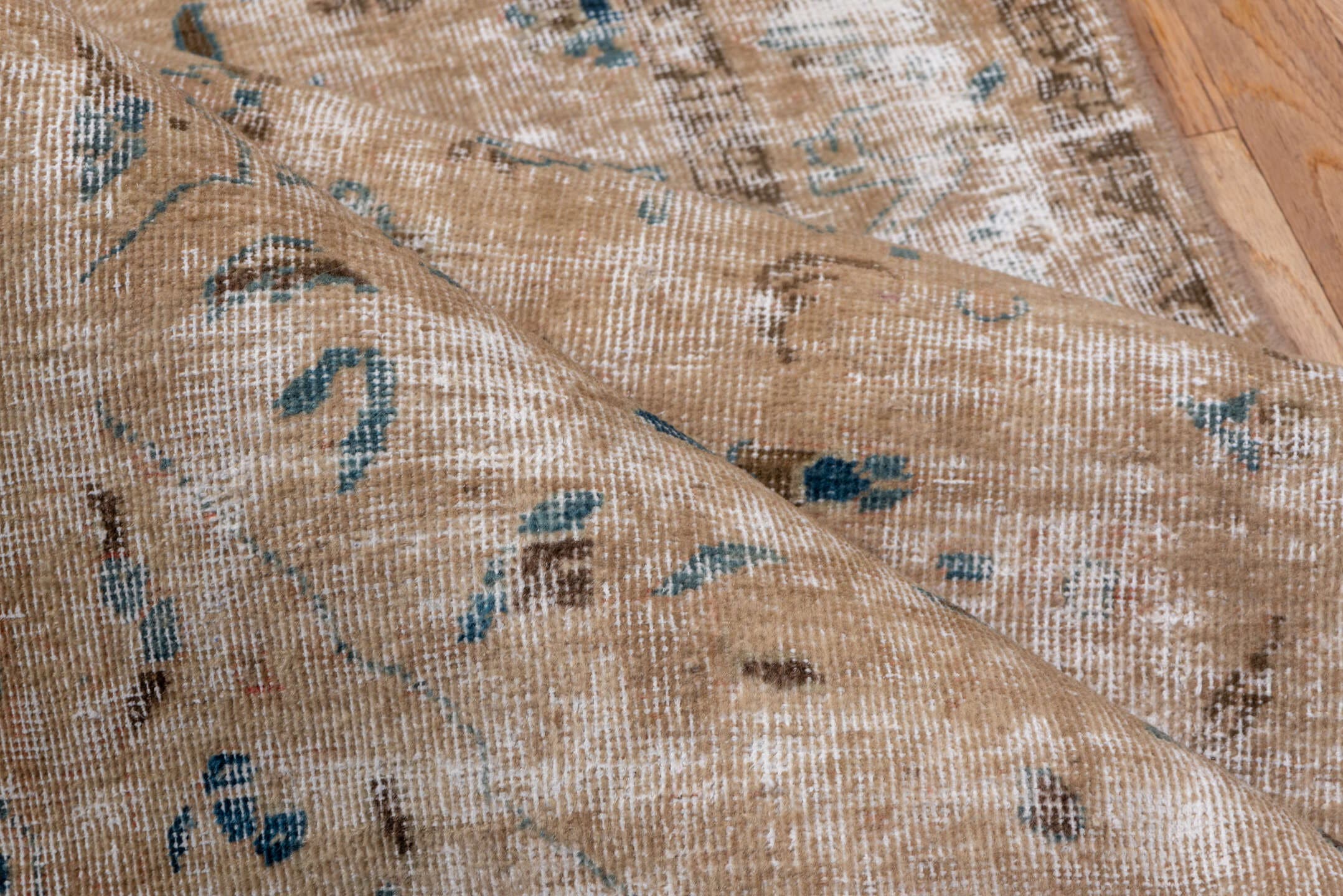 3' x 13' one-of-a-kind handmade vintage Tabriz runner rug. Color palette: tan, ivory, turquoise, taupe, brown, beige, teal