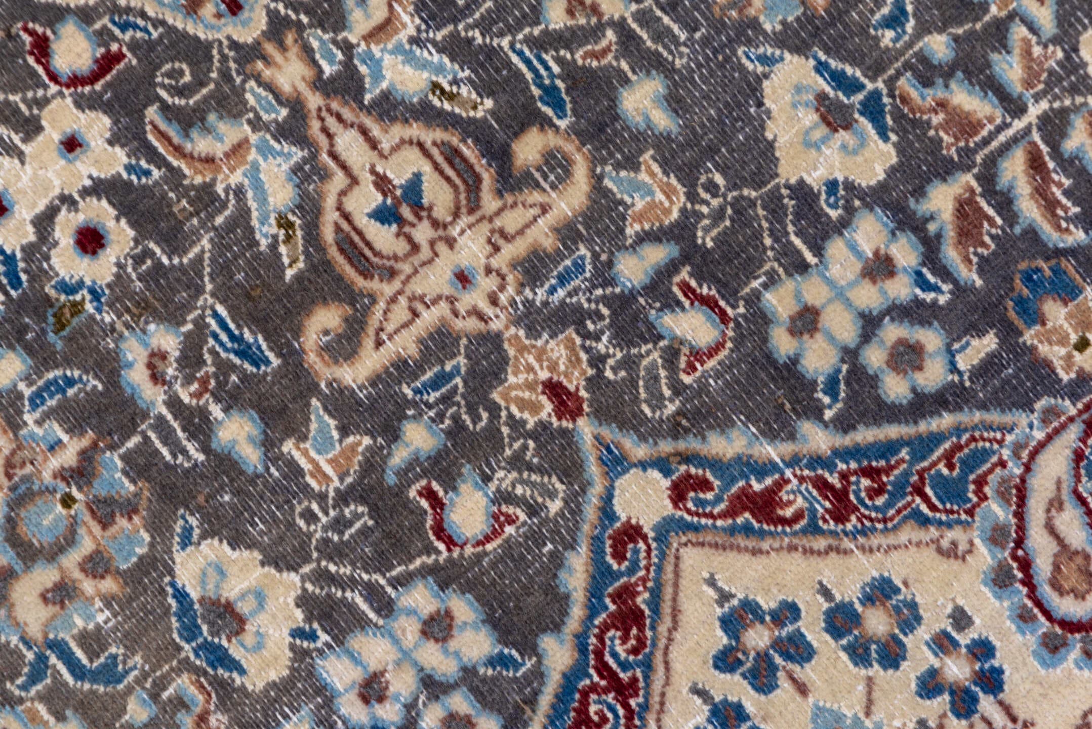 3' x 12' one-of-a-kind handmade vintage Naiin runner rug. Color palette: taupe, ivory, blue, camel, slate, navy, rust, beige