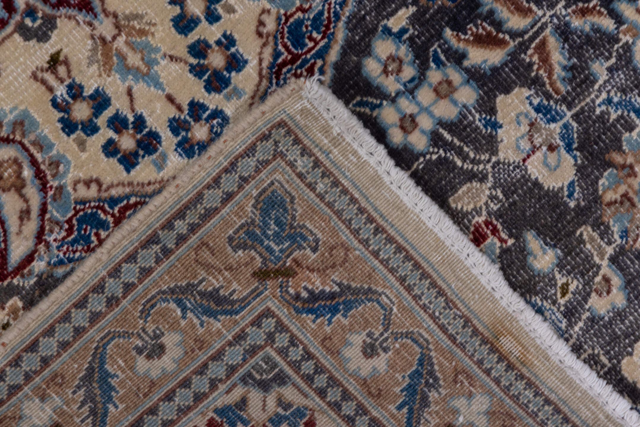 3' x 12' one-of-a-kind handmade vintage Naiin runner rug. Color palette: taupe, ivory, blue, camel, slate, navy, rust, beige