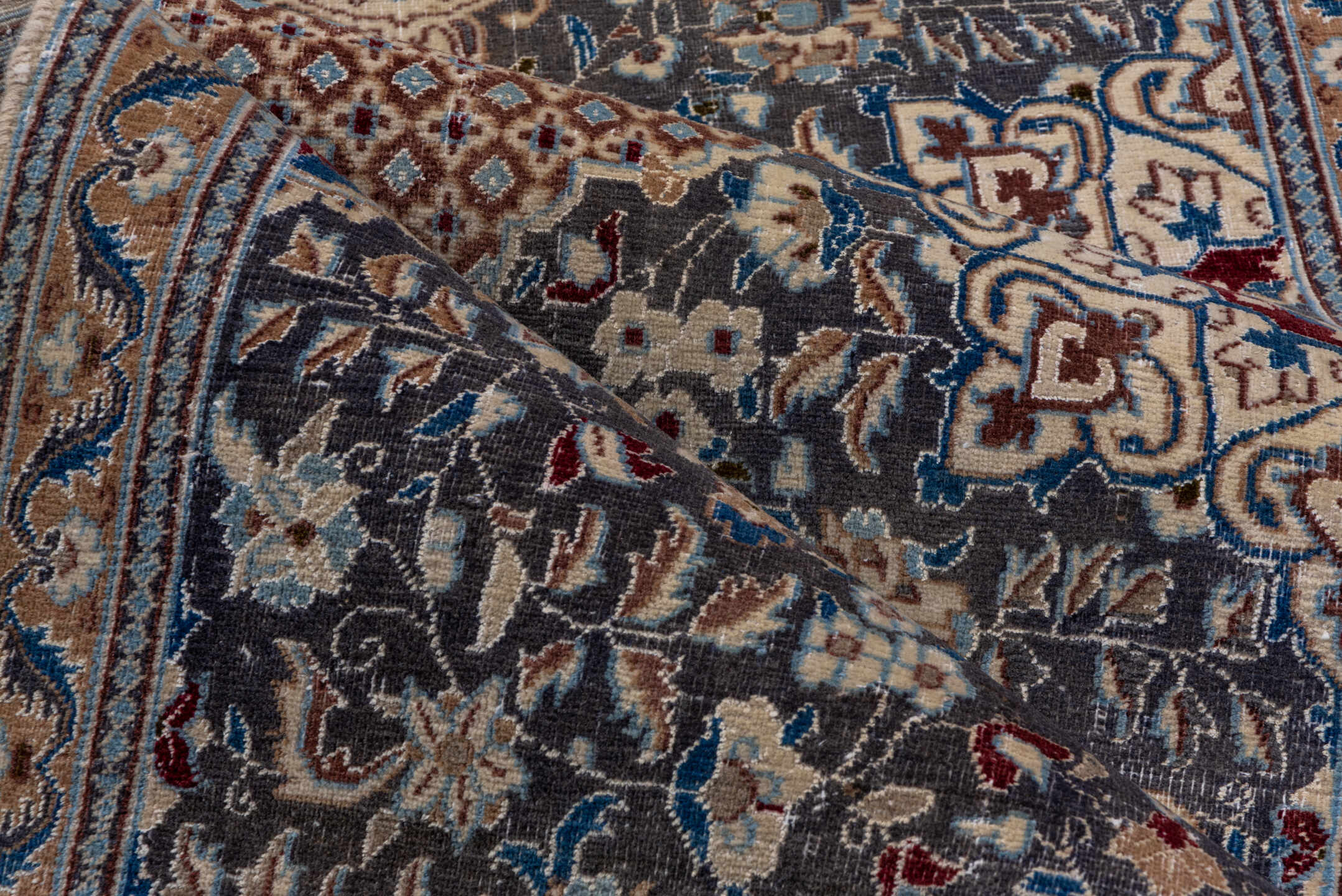 3' x 12' one-of-a-kind handmade vintage Naiin runner rug. Color palette: taupe, ivory, blue, camel, slate, navy, rust, beige