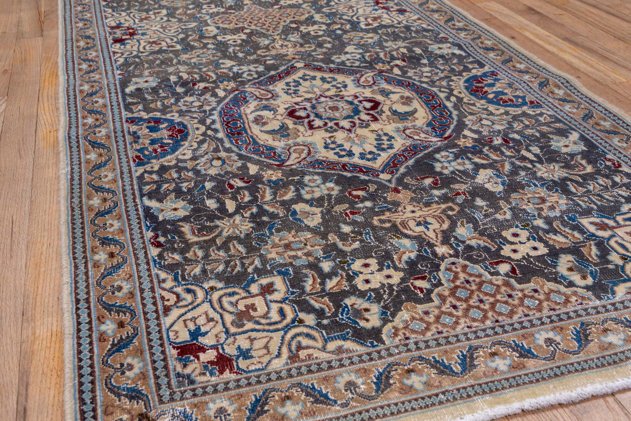 3' x 12' one-of-a-kind handmade vintage Naiin runner rug. Color palette: taupe, ivory, blue, camel, slate, navy, rust, beige