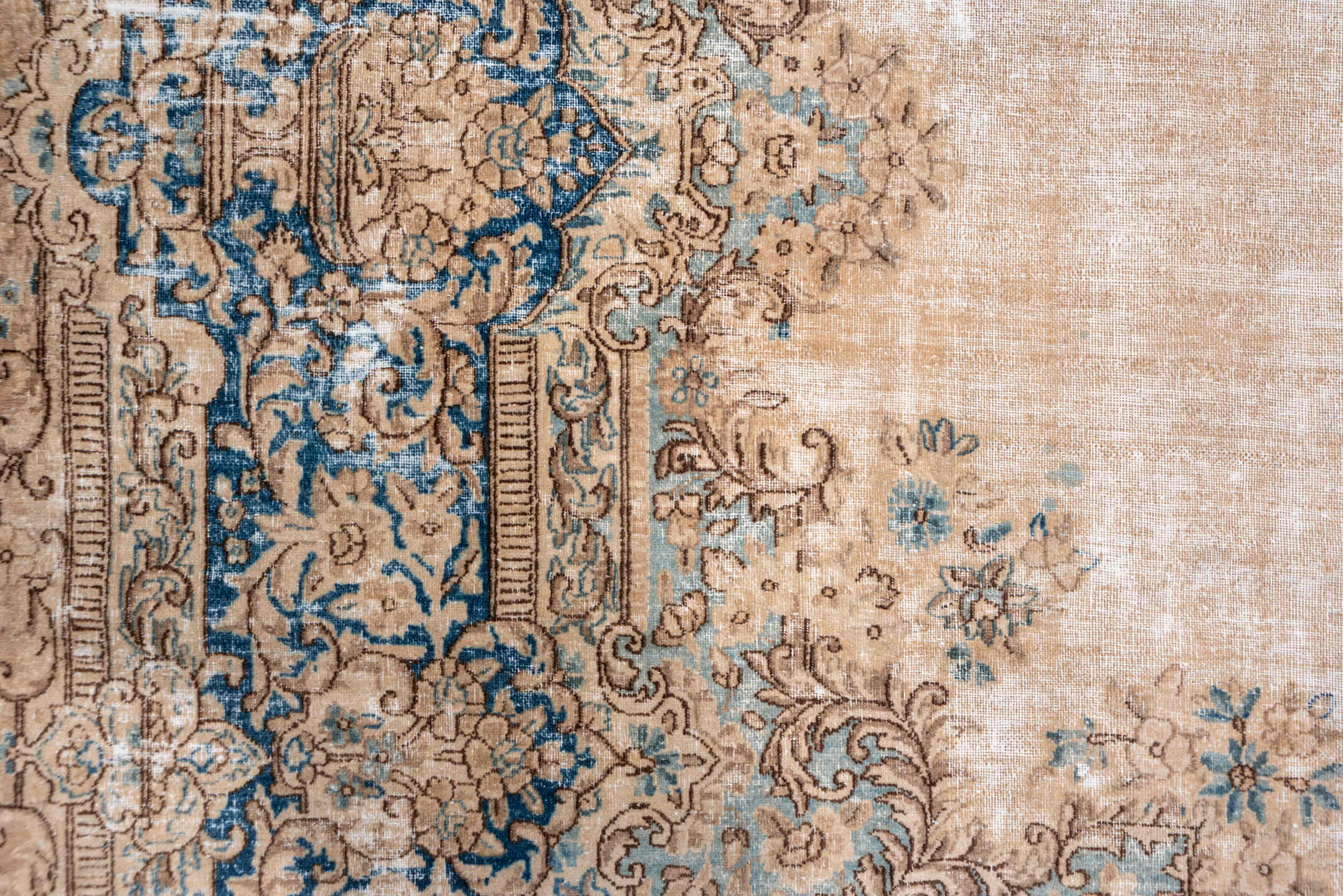9' x 15' one-of-a-kind handmade vintage Kerman rug. Color palette: ivory, beige, cobalt, camel, taupe, light blue, sand