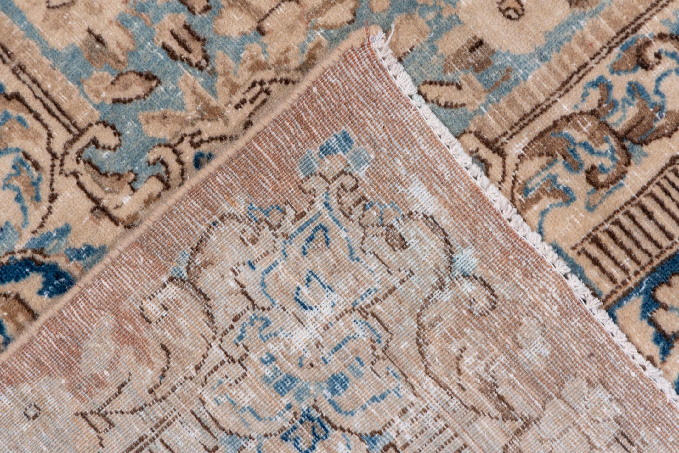 9' x 15' one-of-a-kind handmade vintage Kerman rug. Color palette: ivory, beige, cobalt, camel, taupe, light blue, sand