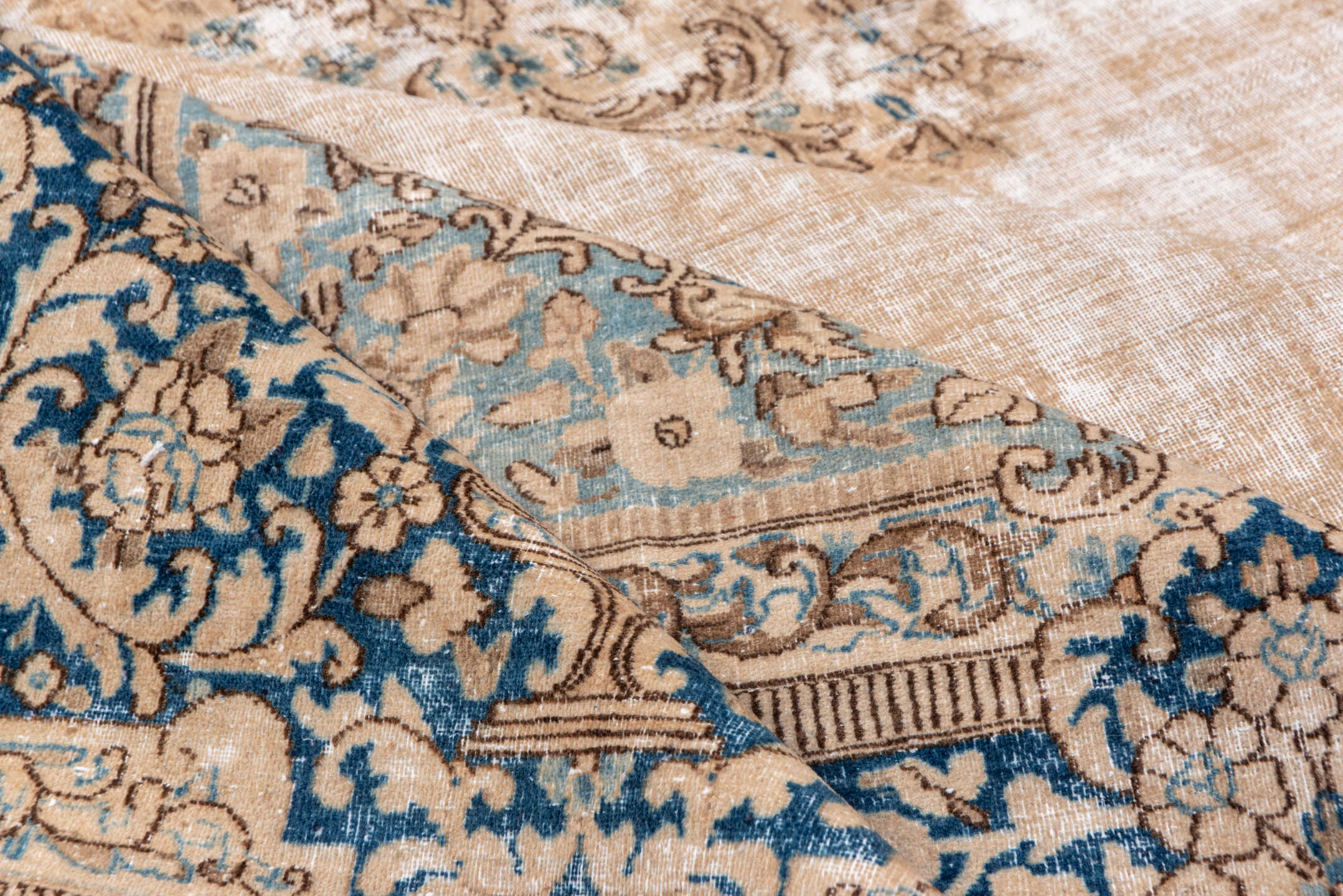 9' x 15' one-of-a-kind handmade vintage Kerman rug. Color palette: ivory, beige, cobalt, camel, taupe, light blue, sand