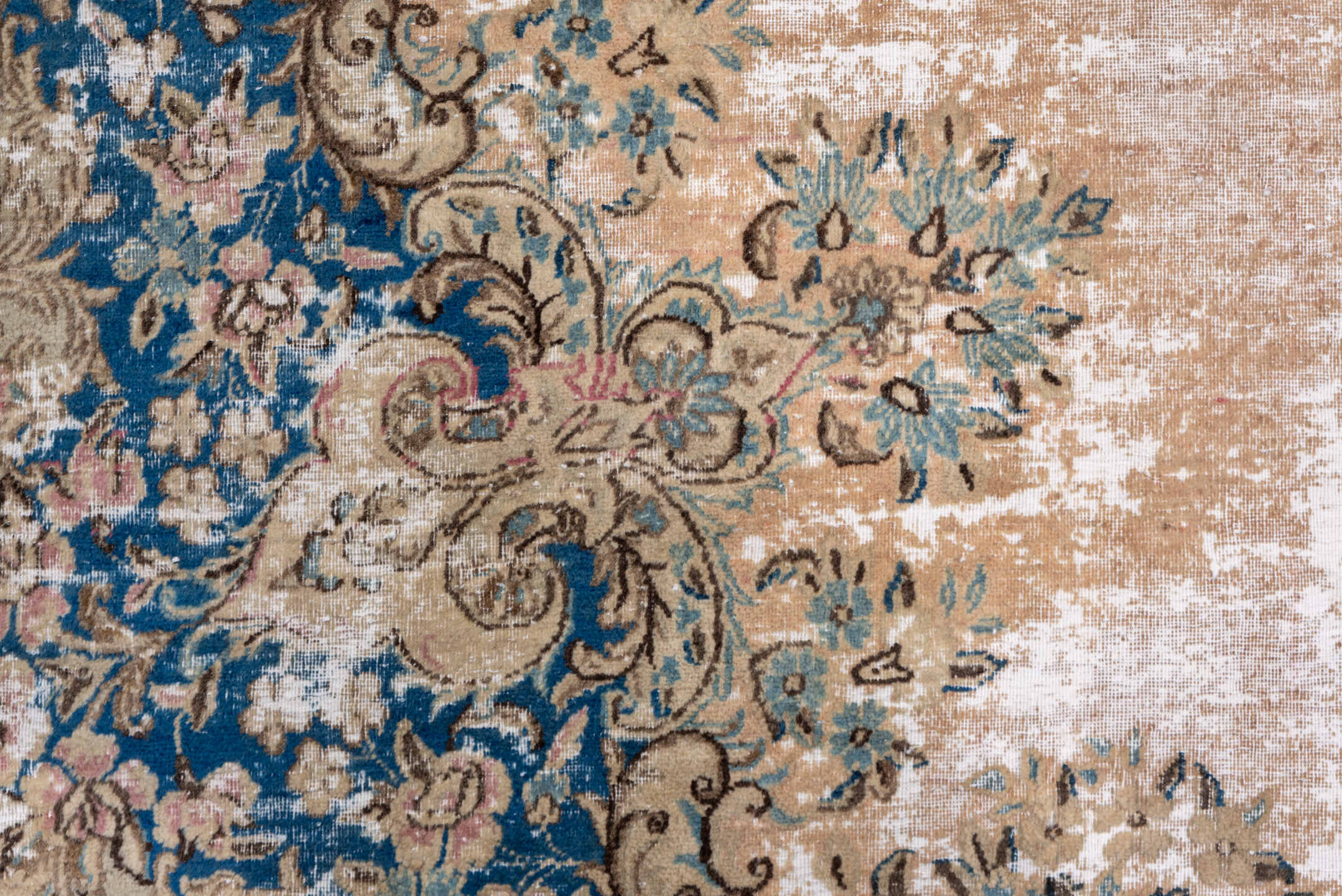 8' x 12' one-of-a-kind handmade vintage Kerman large size rug. Color palette: beige, cobalt, ivory, taupe, sky blue, blush