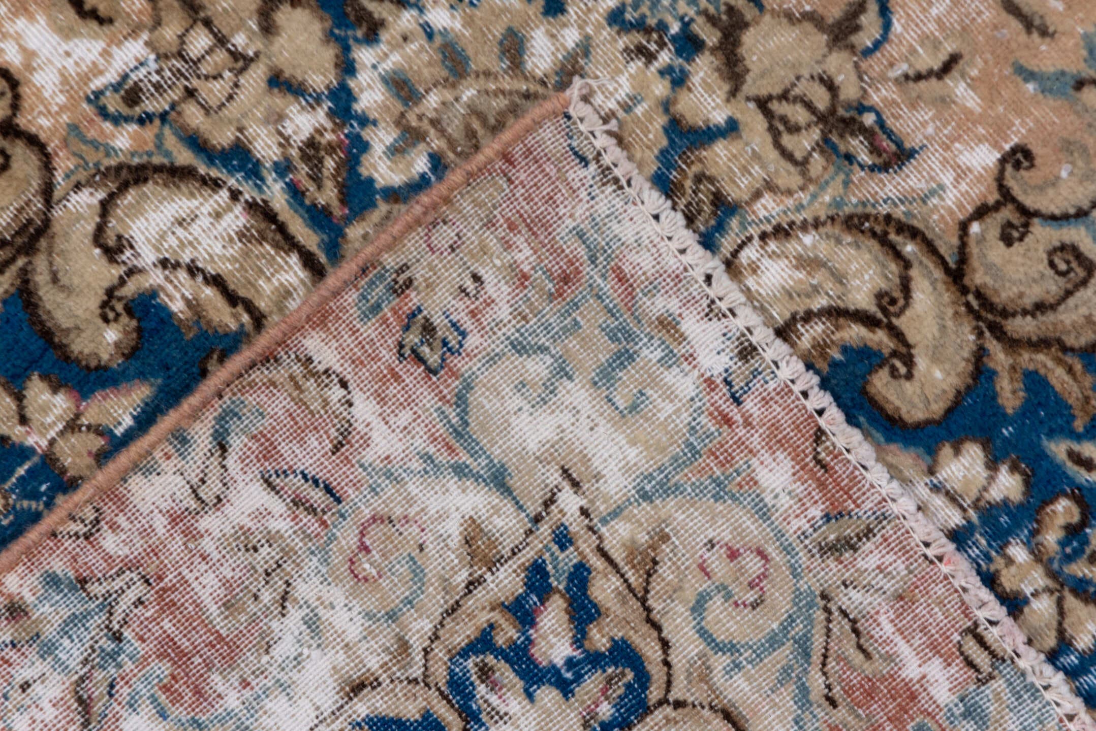 8' x 12' one-of-a-kind handmade vintage Kerman large size rug. Color palette: beige, cobalt, ivory, taupe, sky blue, blush