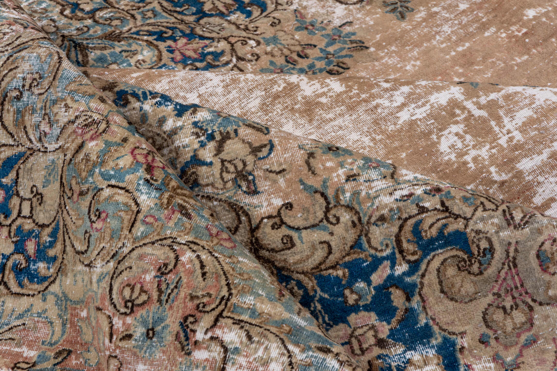 8' x 12' one-of-a-kind handmade vintage Kerman large size rug. Color palette: beige, cobalt, ivory, taupe, sky blue, blush