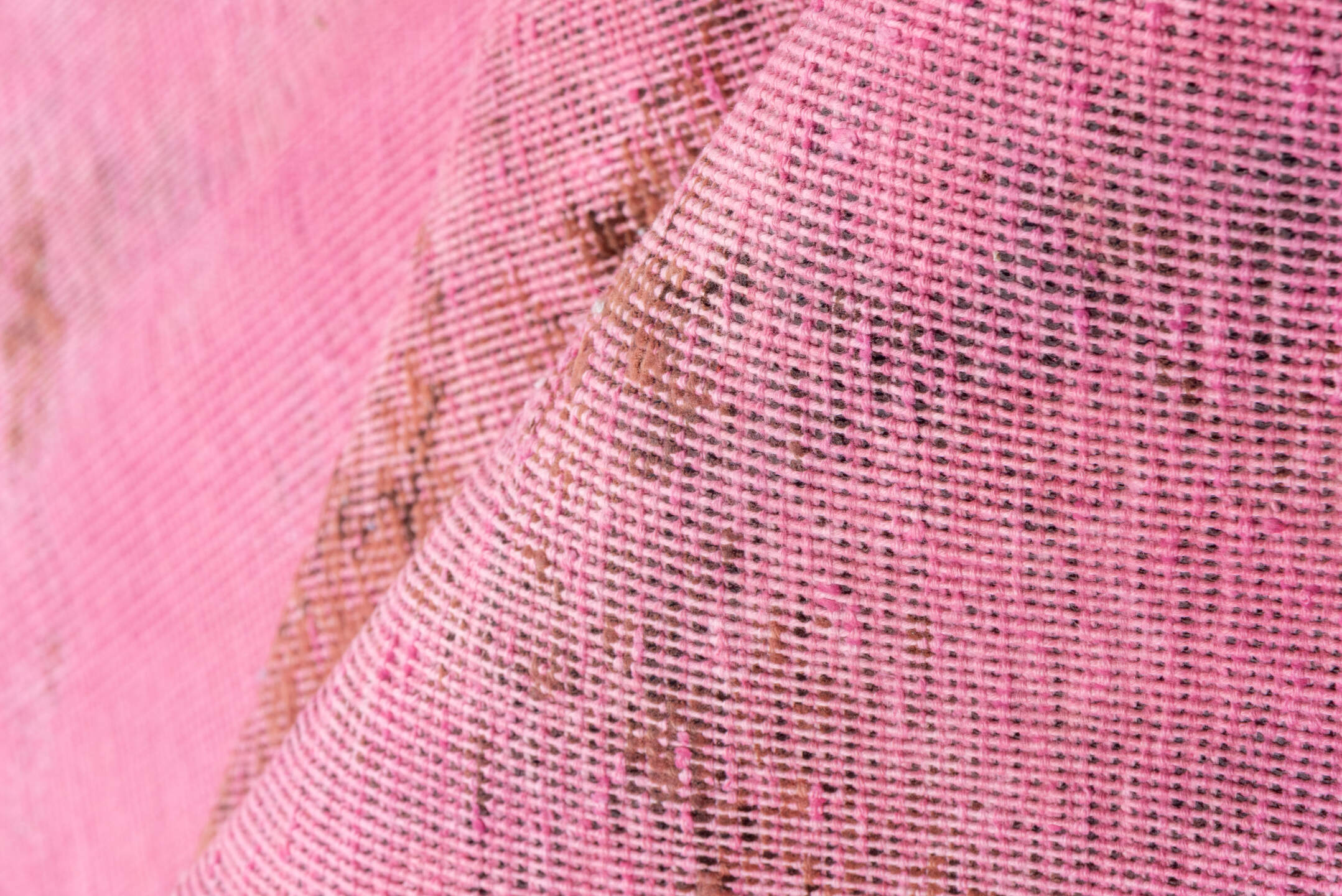 9' x 12' one-of-a-kind handmade vintage Overdyed large size rug. Color palette: pink, red, brown, pale violet red