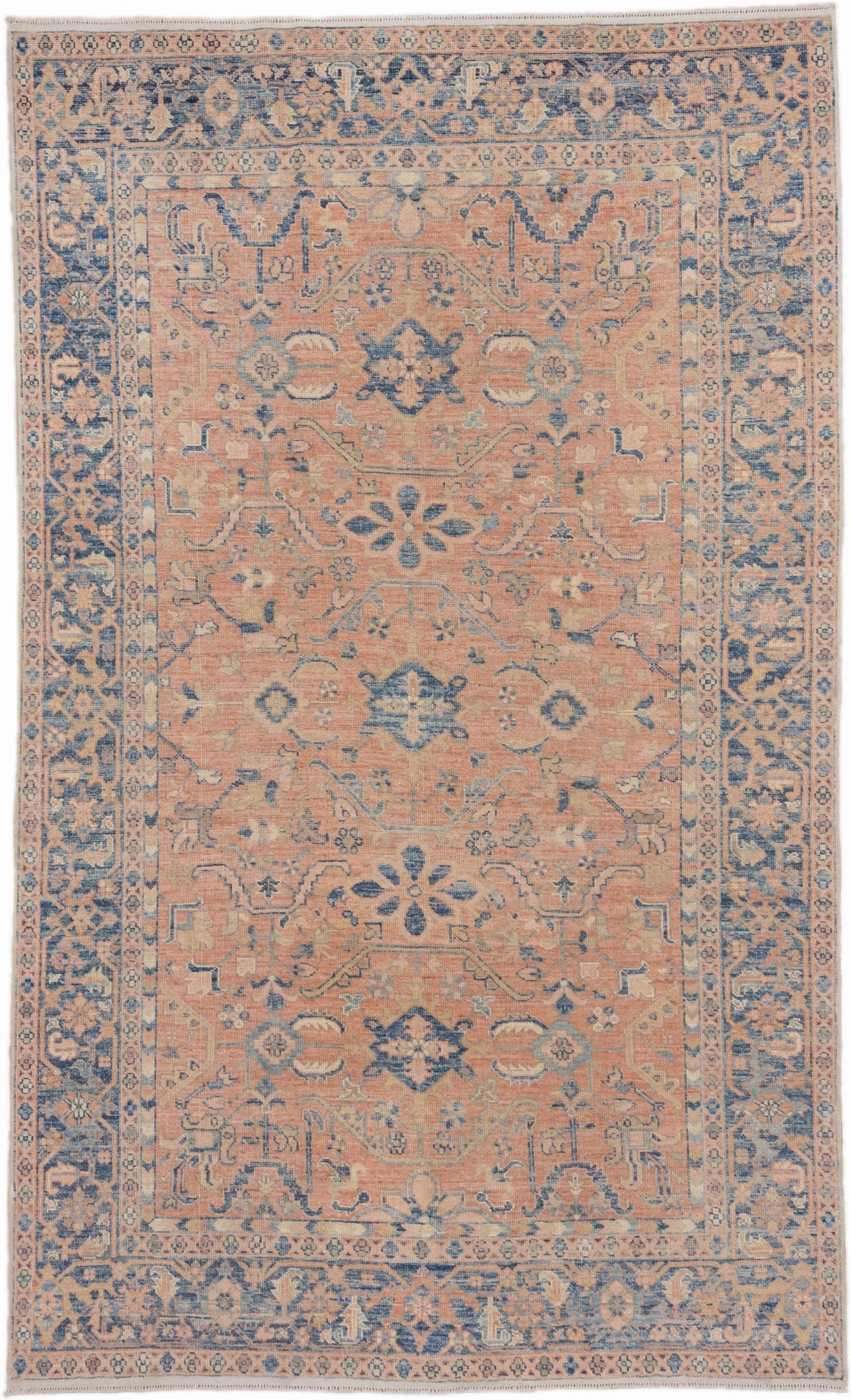 6' x 10' one-of-a-kind handmade vintage Afghan large size rug. Color palette: peach, blue, ivory, taupe, slate, terracotta