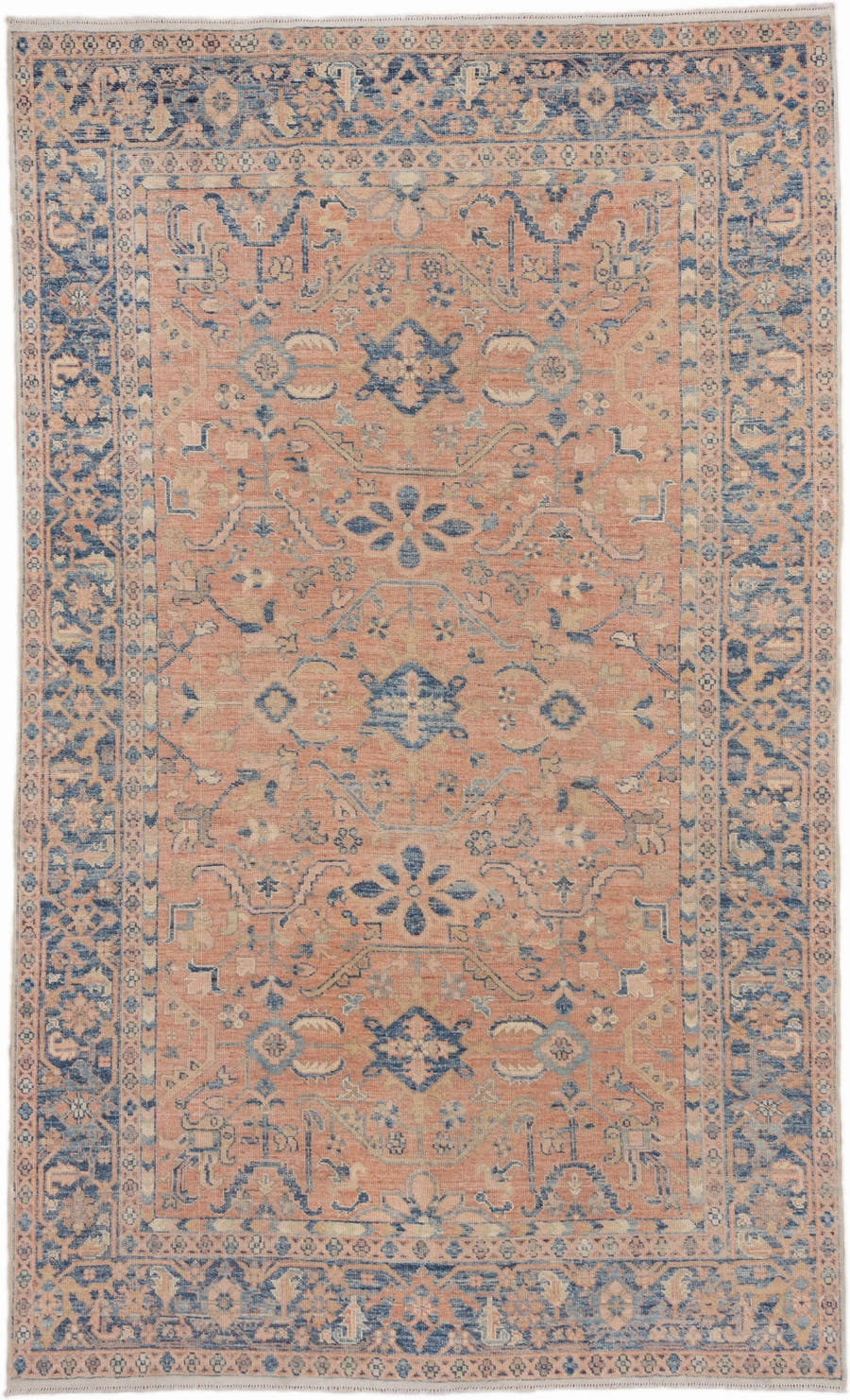 6' x 10' one-of-a-kind handmade vintage Afghan large size rug. Color palette: peach, blue, ivory, taupe, slate, terracotta
