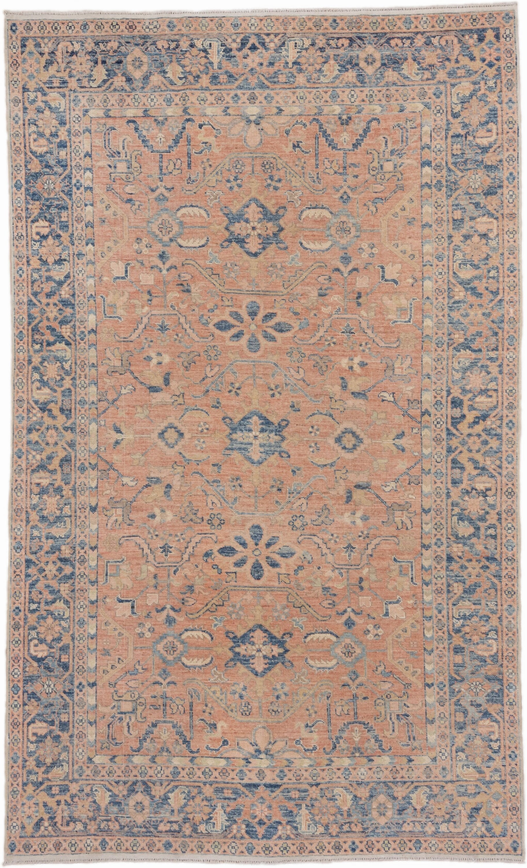 6' x 10' one-of-a-kind handmade vintage Afghan large size rug. Color palette: peach, blue, ivory, taupe, slate, terracotta