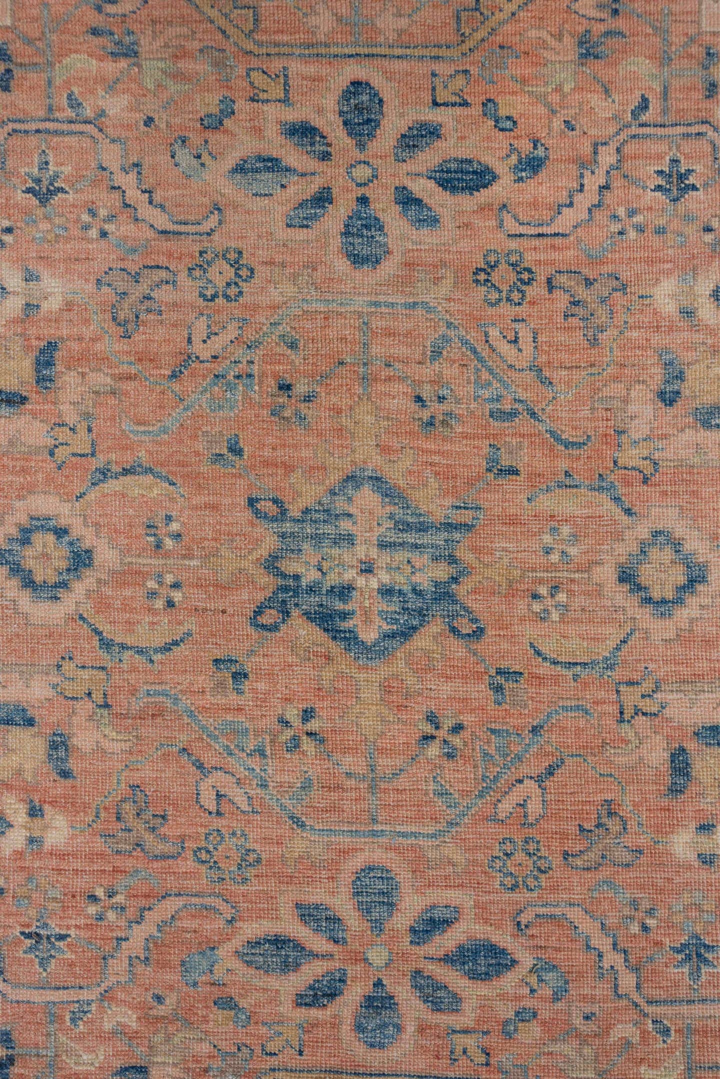 6' x 10' one-of-a-kind handmade vintage Afghan large size rug. Color palette: peach, blue, ivory, taupe, slate, terracotta