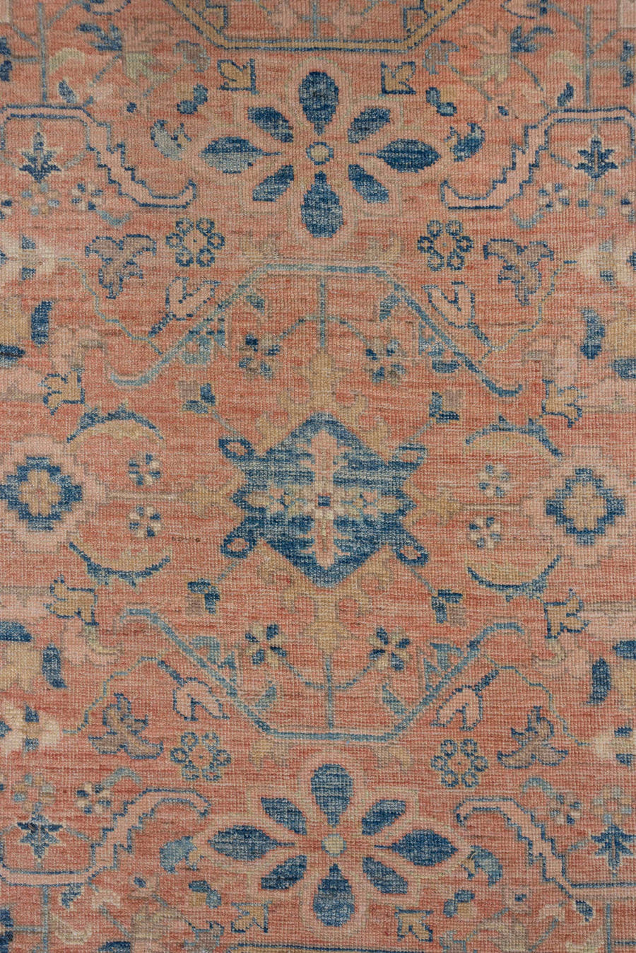 6' x 10' one-of-a-kind handmade vintage Afghan large size rug. Color palette: peach, blue, ivory, taupe, slate, terracotta