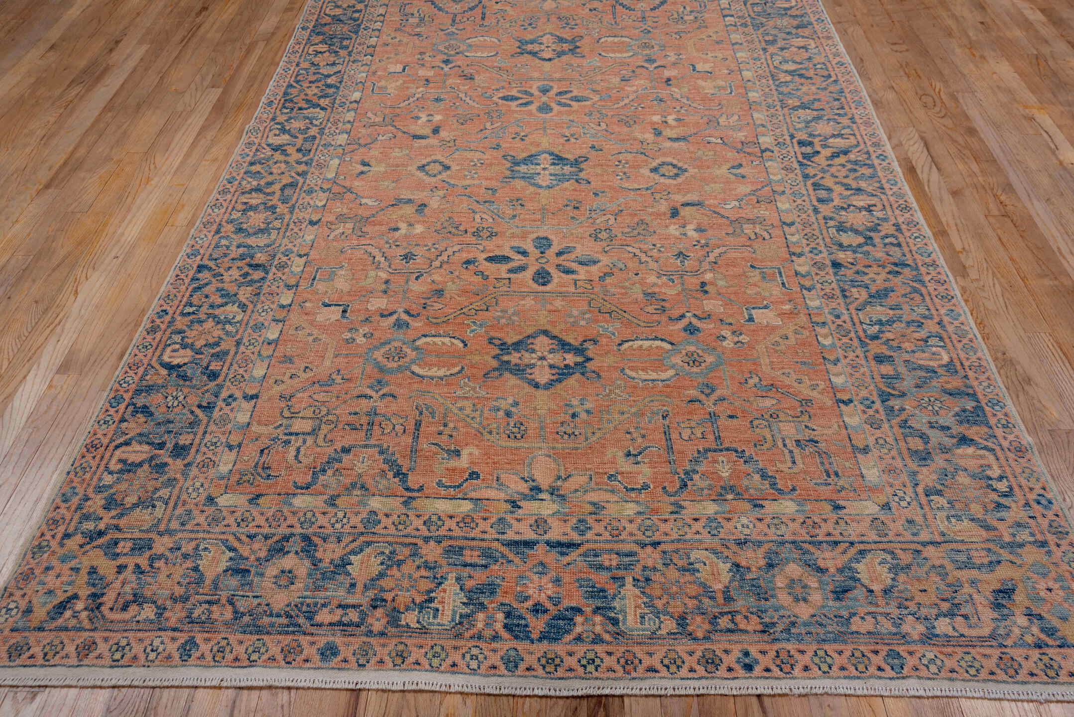6' x 10' one-of-a-kind handmade vintage Afghan large size rug. Color palette: peach, blue, ivory, taupe, slate, terracotta