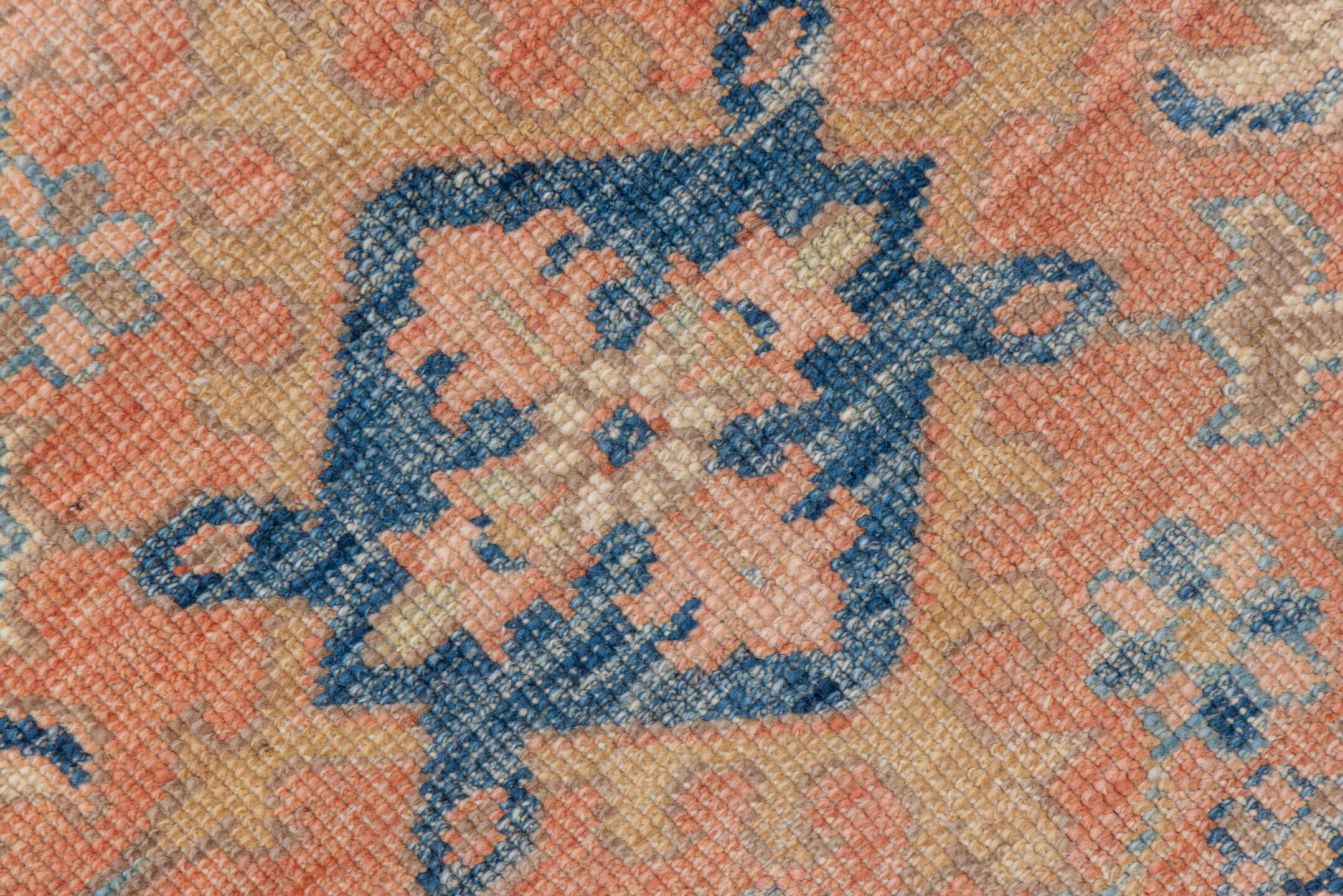 6' x 10' one-of-a-kind handmade vintage Afghan large size rug. Color palette: peach, blue, ivory, taupe, slate, terracotta