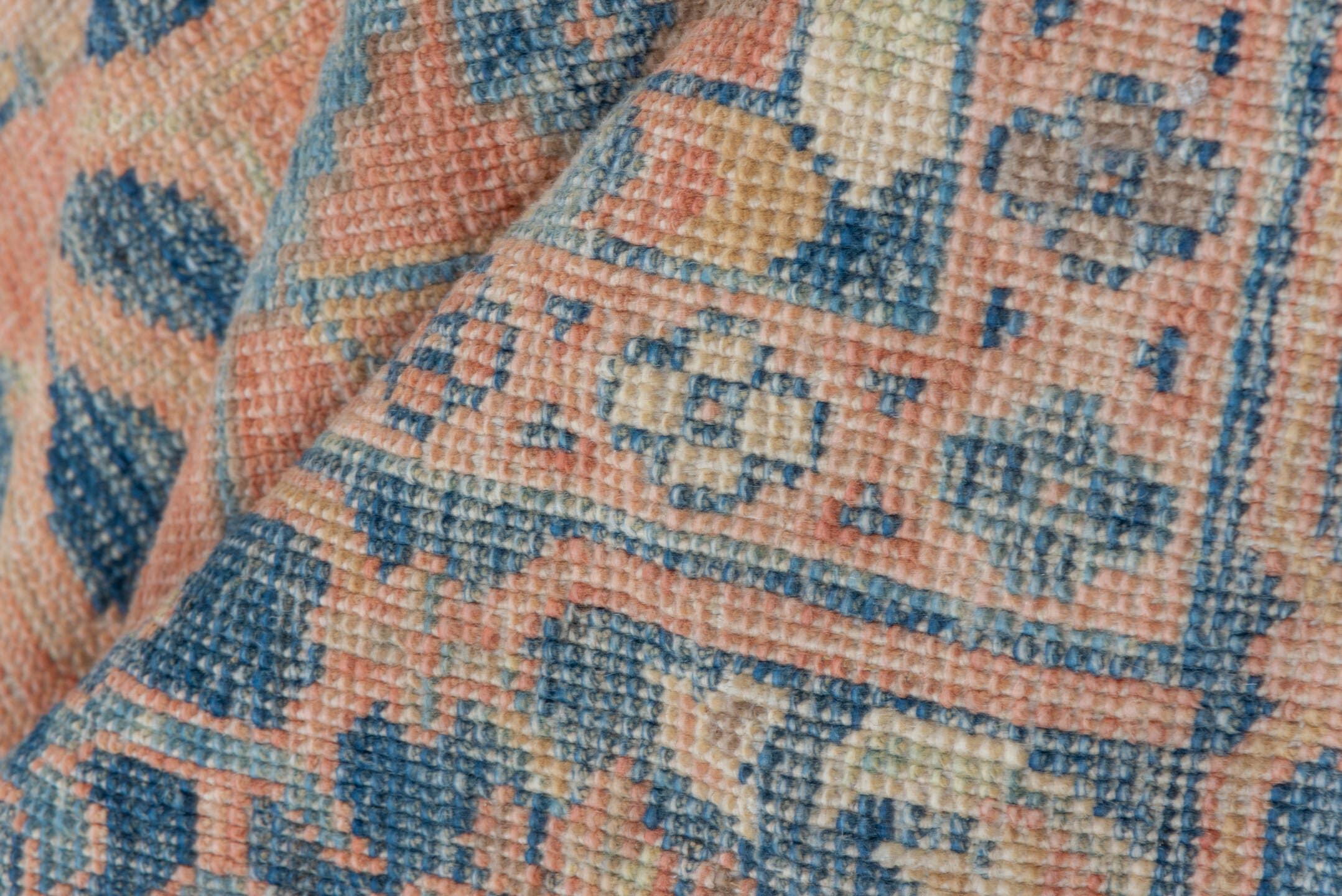6' x 10' one-of-a-kind handmade vintage Afghan large size rug. Color palette: peach, blue, ivory, taupe, slate, terracotta