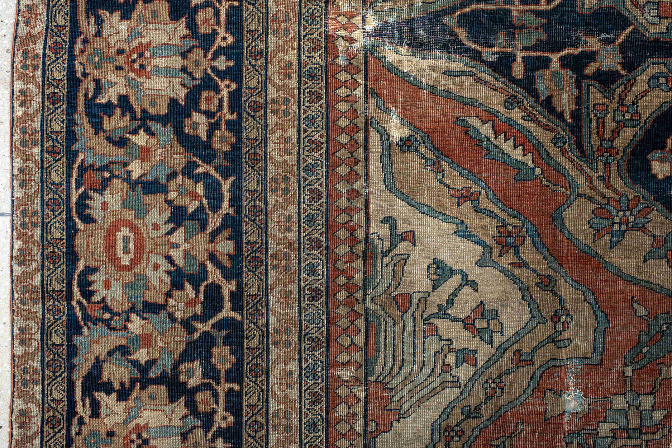 9' x 13' one-of-a-kind handmade vintage Far.Sarouk large size rug. Color palette: terra cotta, navy, ivory, beige, sage