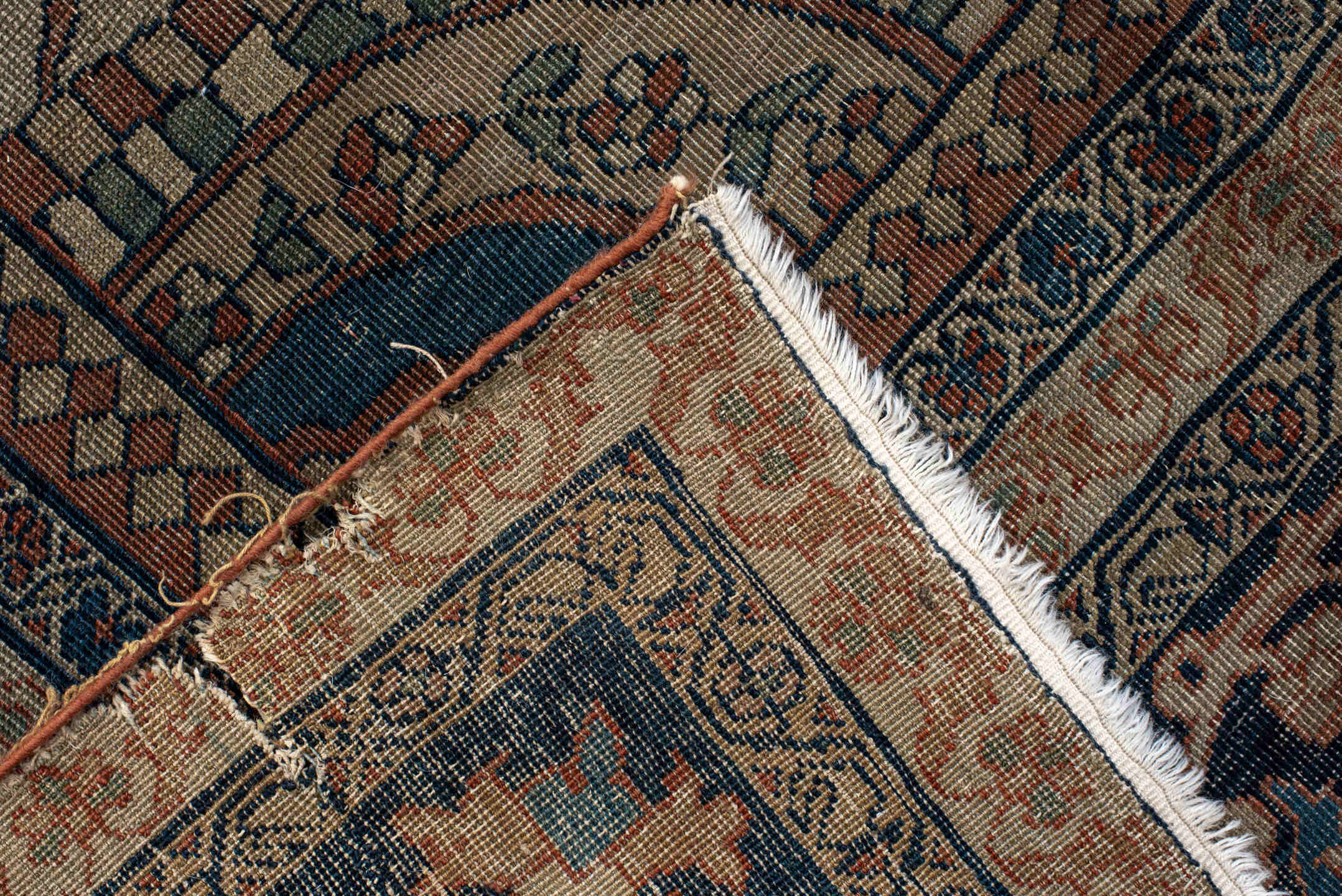 9' x 13' one-of-a-kind handmade vintage Far.Sarouk large size rug. Color palette: terra cotta, navy, ivory, beige, sage