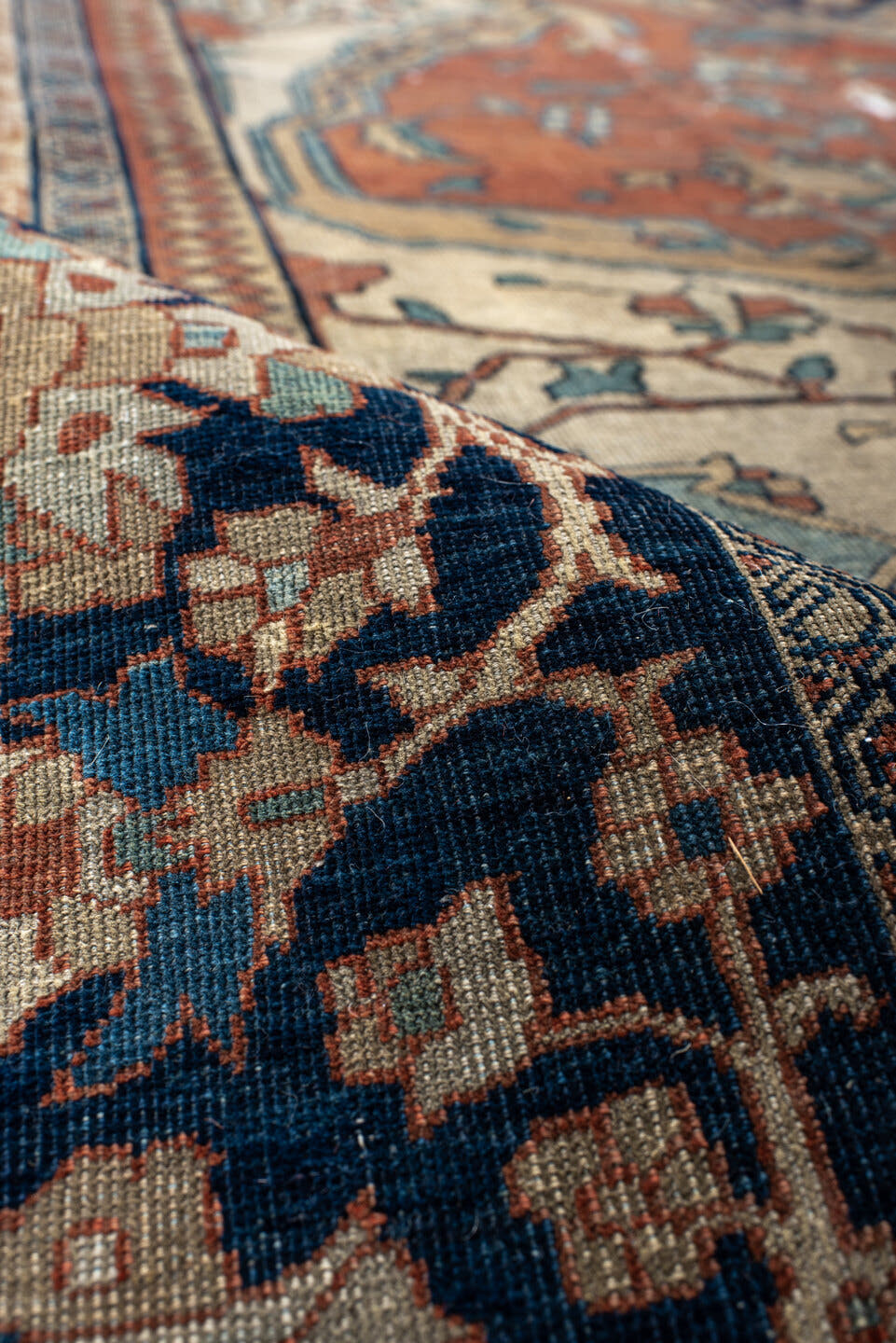 9' x 13' one-of-a-kind handmade vintage Far.Sarouk large size rug. Color palette: terra cotta, navy, ivory, beige, sage