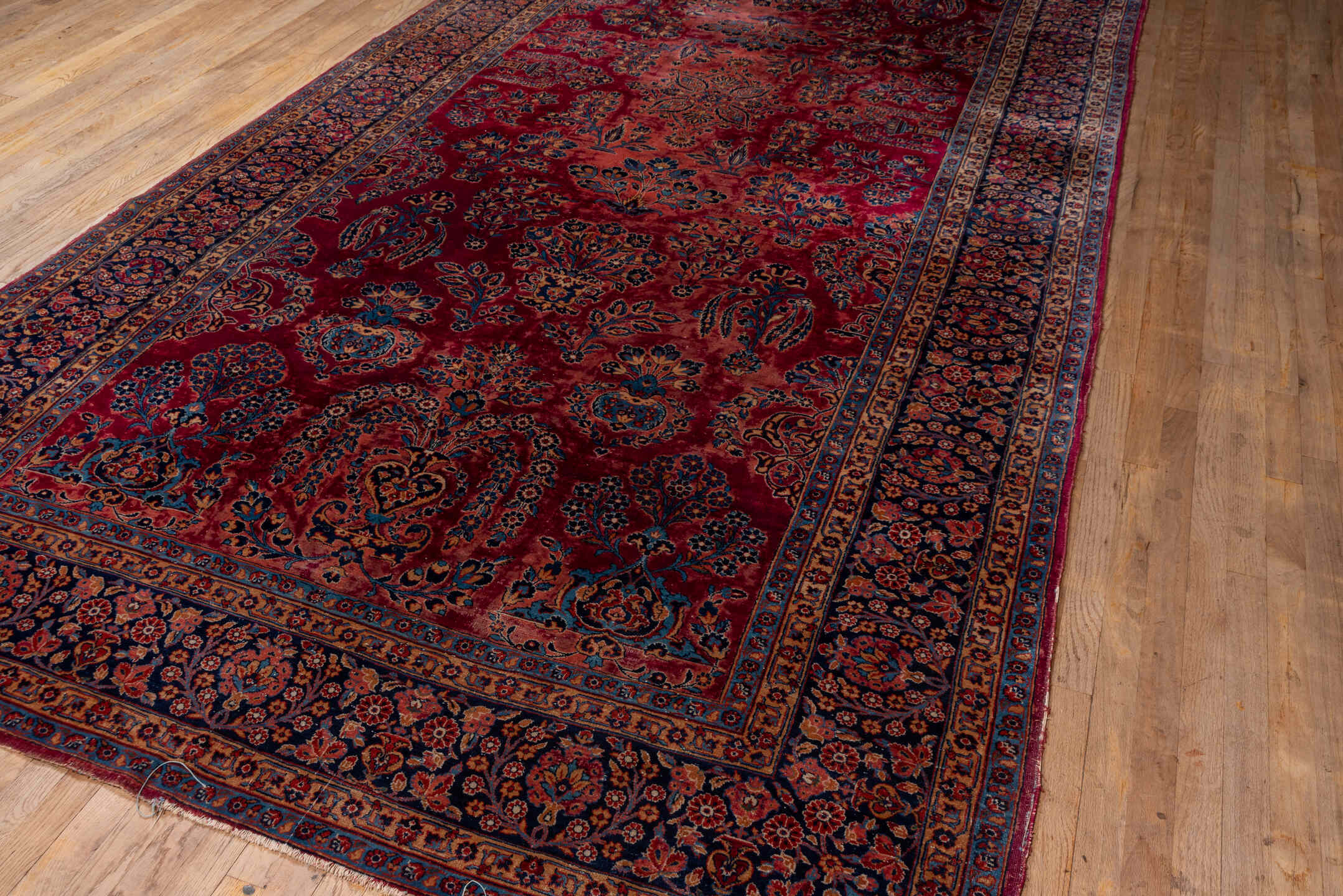7' x 15' one-of-a-kind handmade vintage Kazvin rug. Color palette: red, navy, rose, ivory, burgundy, slate, camel, blue