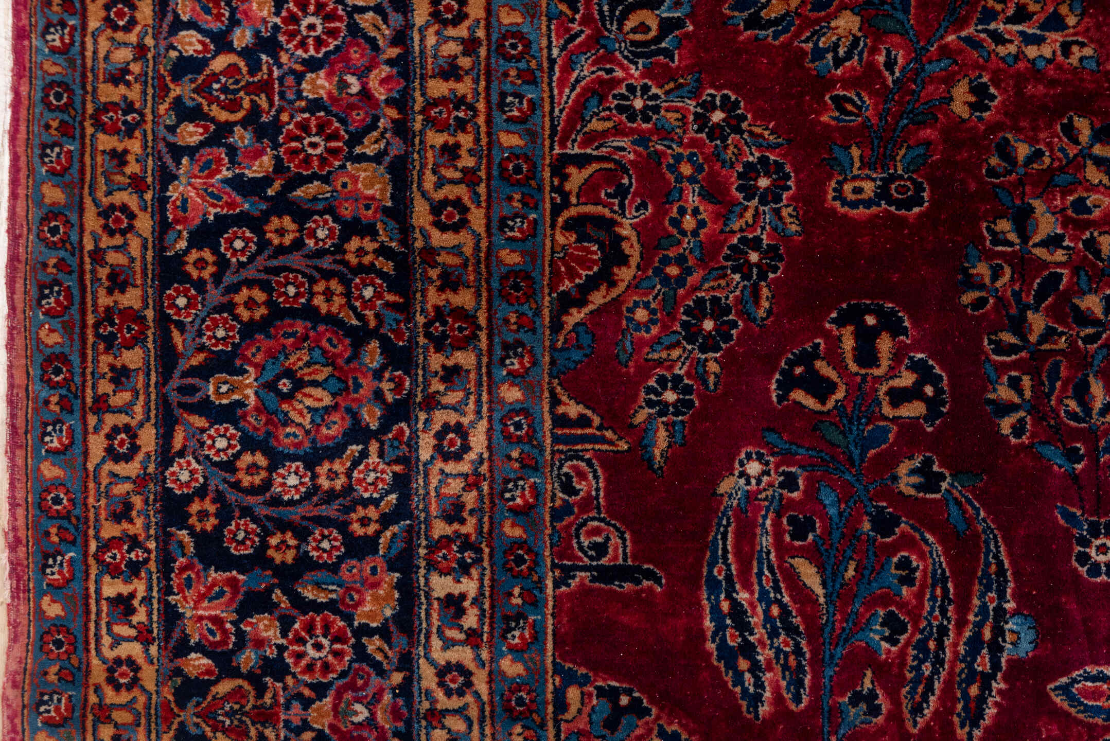 7' x 15' one-of-a-kind handmade vintage Kazvin rug. Color palette: red, navy, rose, ivory, burgundy, slate, camel, blue