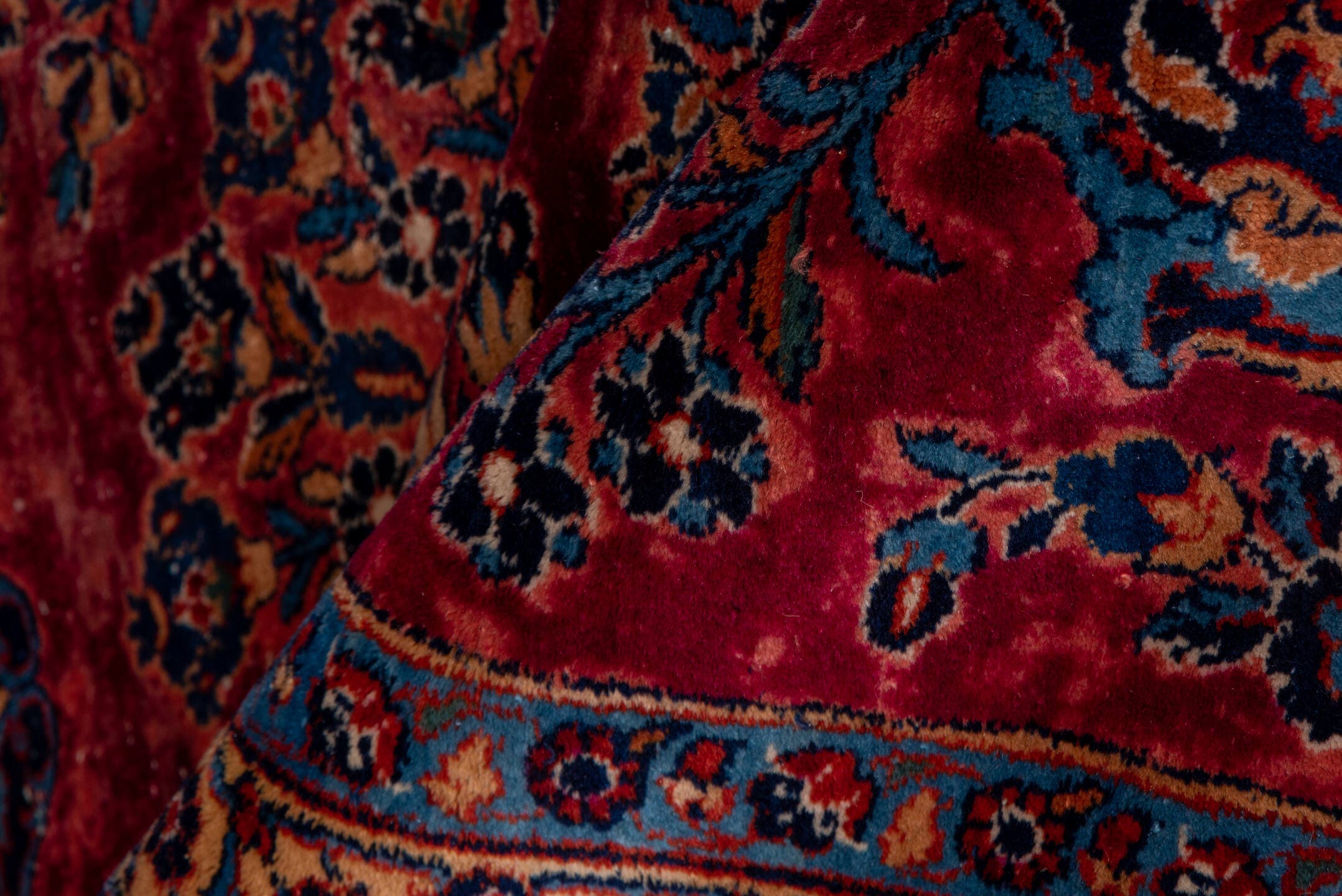 7' x 15' one-of-a-kind handmade vintage Kazvin rug. Color palette: red, navy, rose, ivory, burgundy, slate, camel, blue