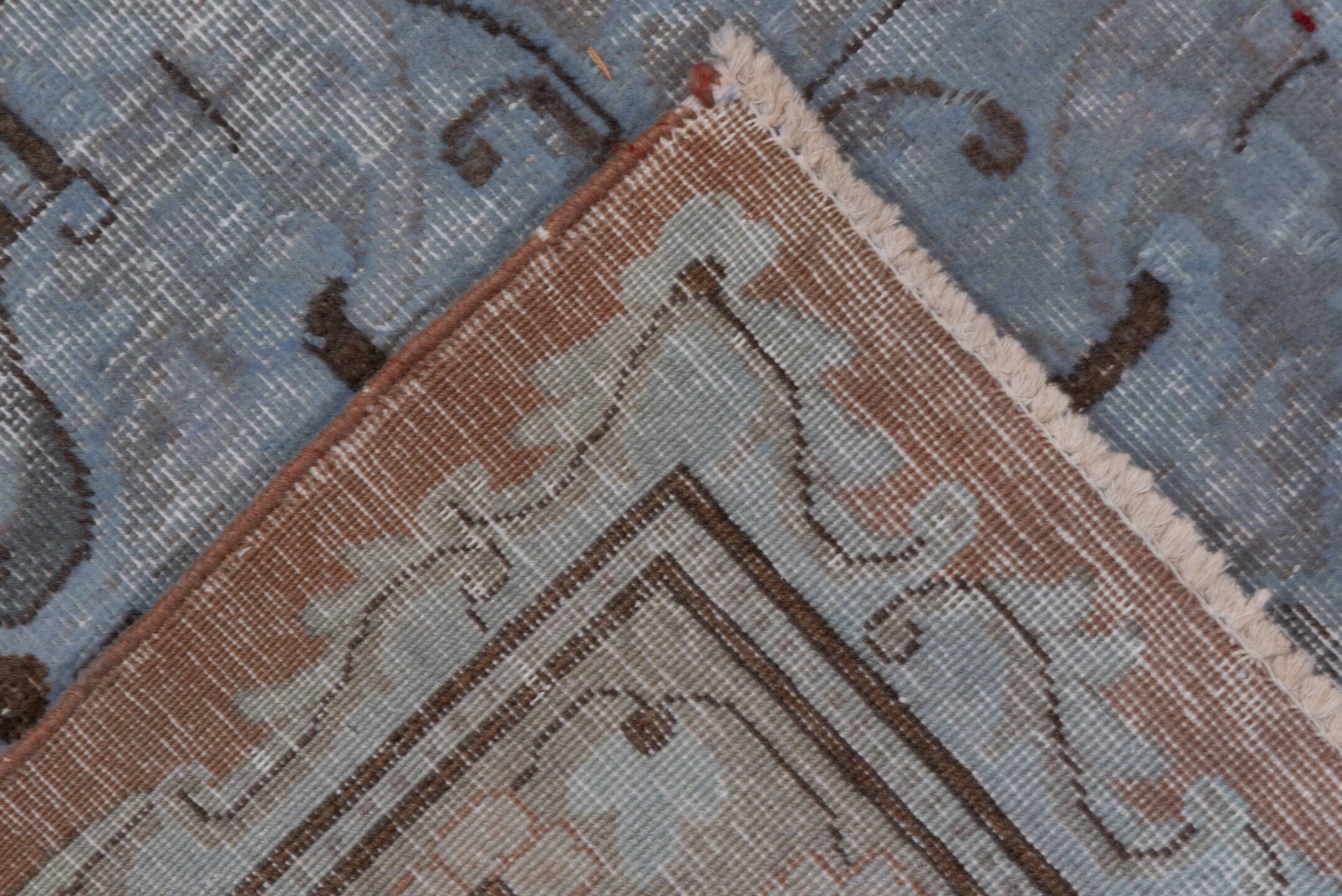 9' x 13' one-of-a-kind handmade vintage Distressed large size rug. Color palette: taupe, powder blue, dusty rose, slate